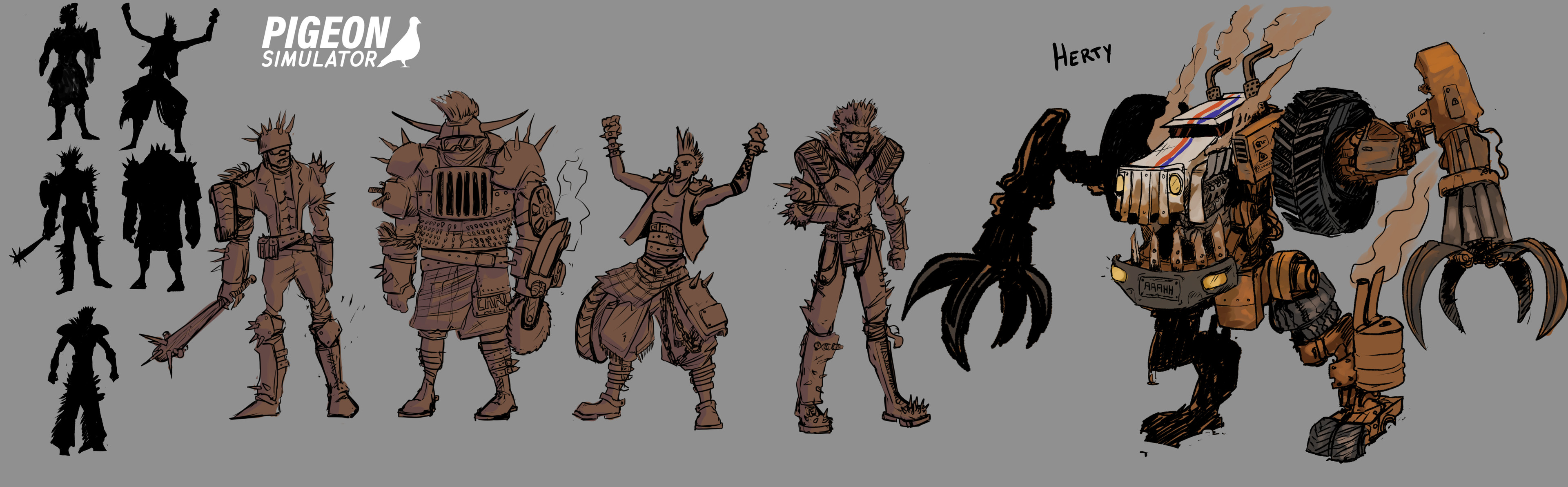 Initial silhouette explorations, sketches,  and Herty, a big ol diesel mech monstrosity