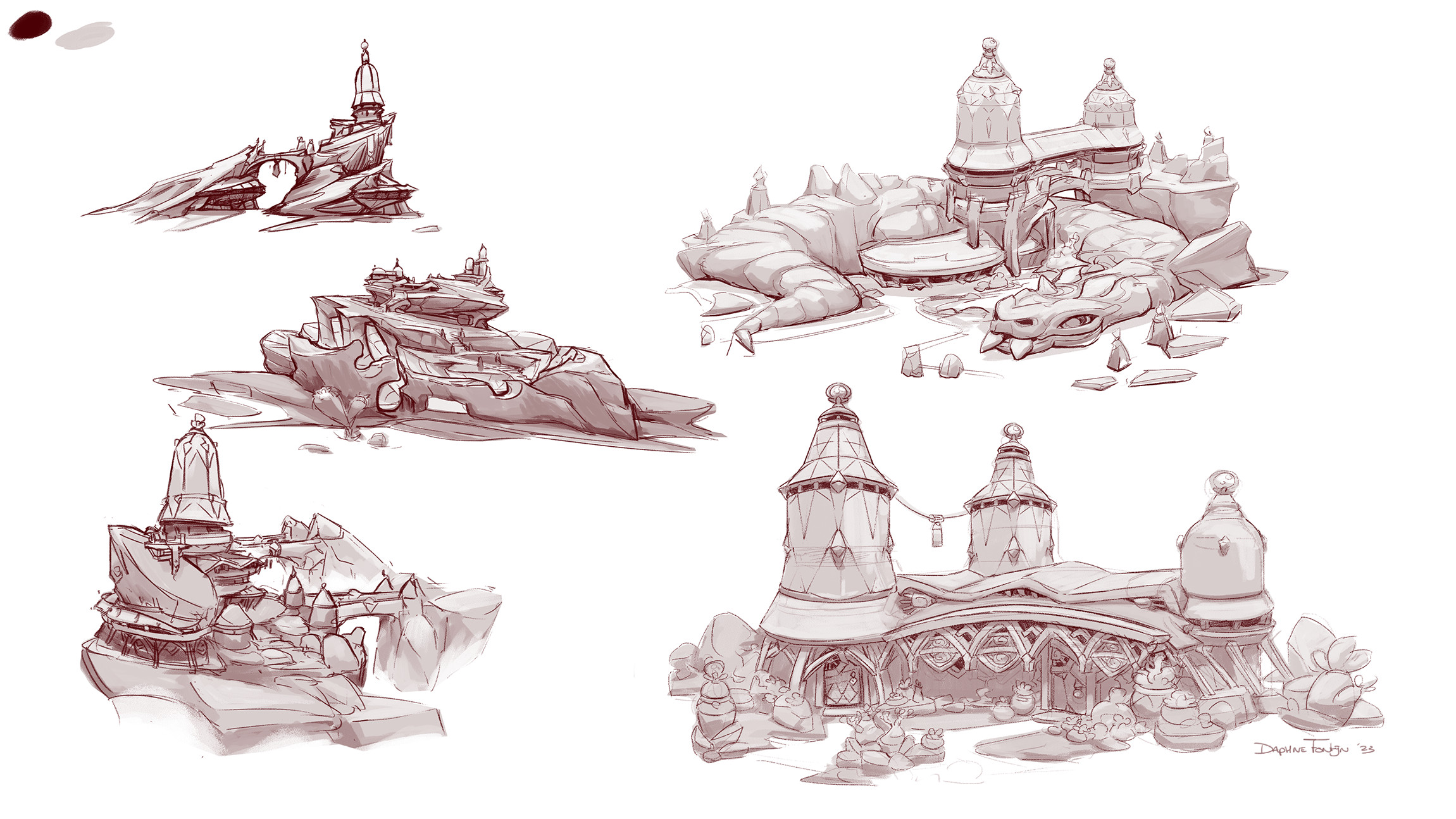 Desert architecture explorations. I wanted tall bell like structures with small windows so things can stay cooler inside, also lots of awnings for shade. 