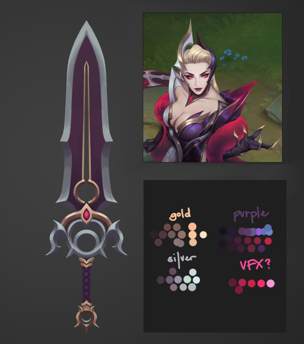 Early WIP of the hand painting in 3DCoat, with reference of Coven Evelynn's concept by Steve Zheng for color palette