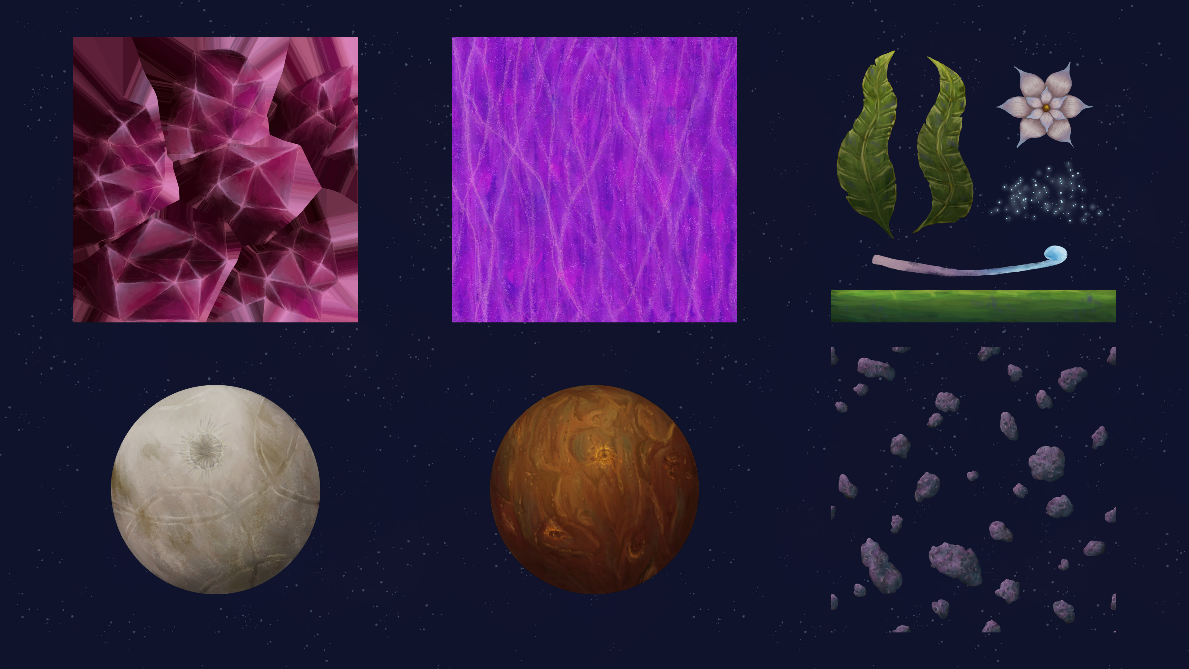 Crystals, visual effects, flowers and skybox textures