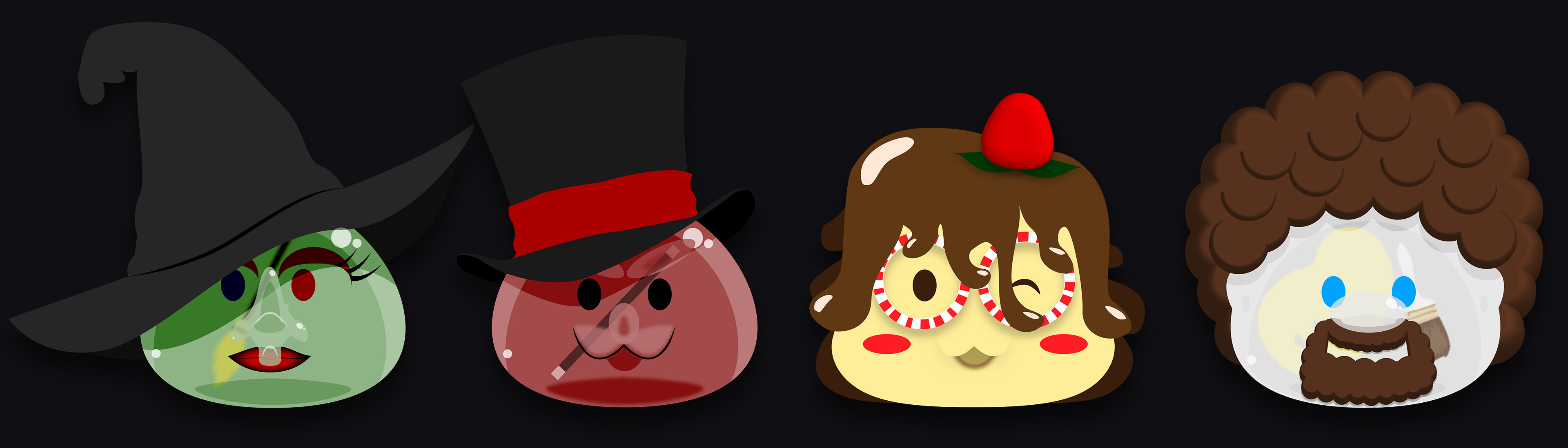 Slime concepts from left to right: Blobba Yagga, Gary Goodini, Flangelica, and Blob Ross