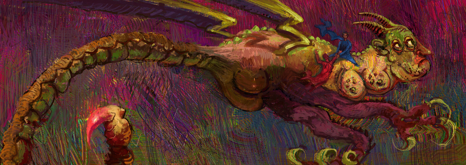 Geryon - The symbol of Deceit,

i thought the best way to illustrate this would be to bring in CUBISM into the mix.
Cubism tricks your mind, deceives form and function yet is beautiful to look at. 
 