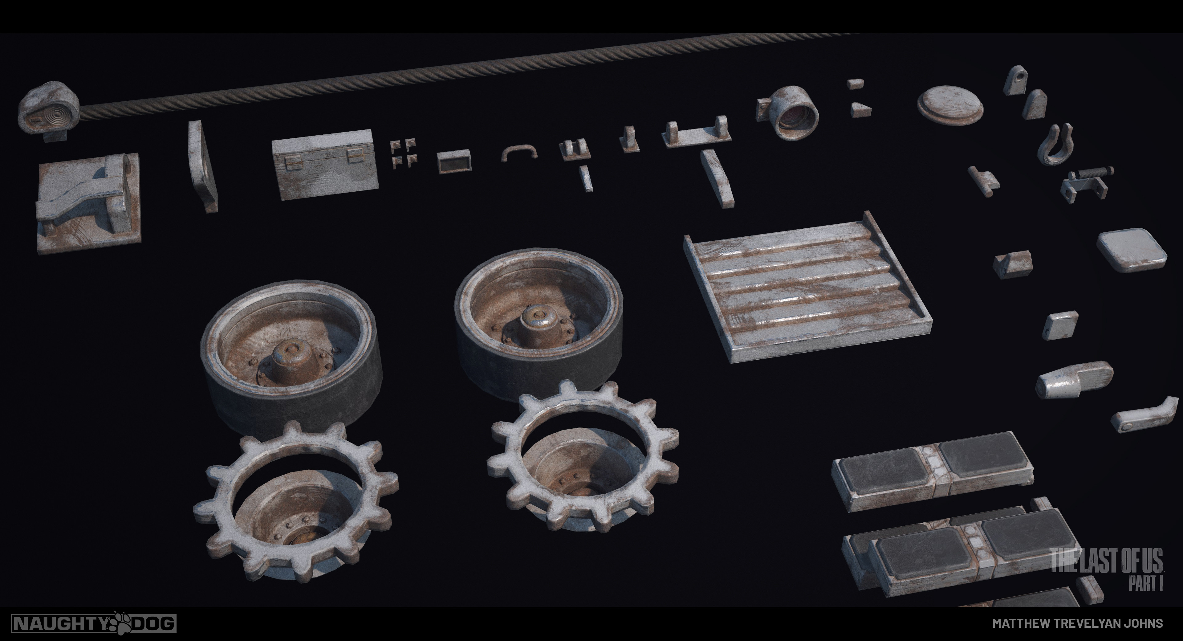 Here are some of the pieces I baked from high poly meshes and textured in substance painter. This is one of my favourite parts of the process and I try to do it on a lot of assets per project if I can