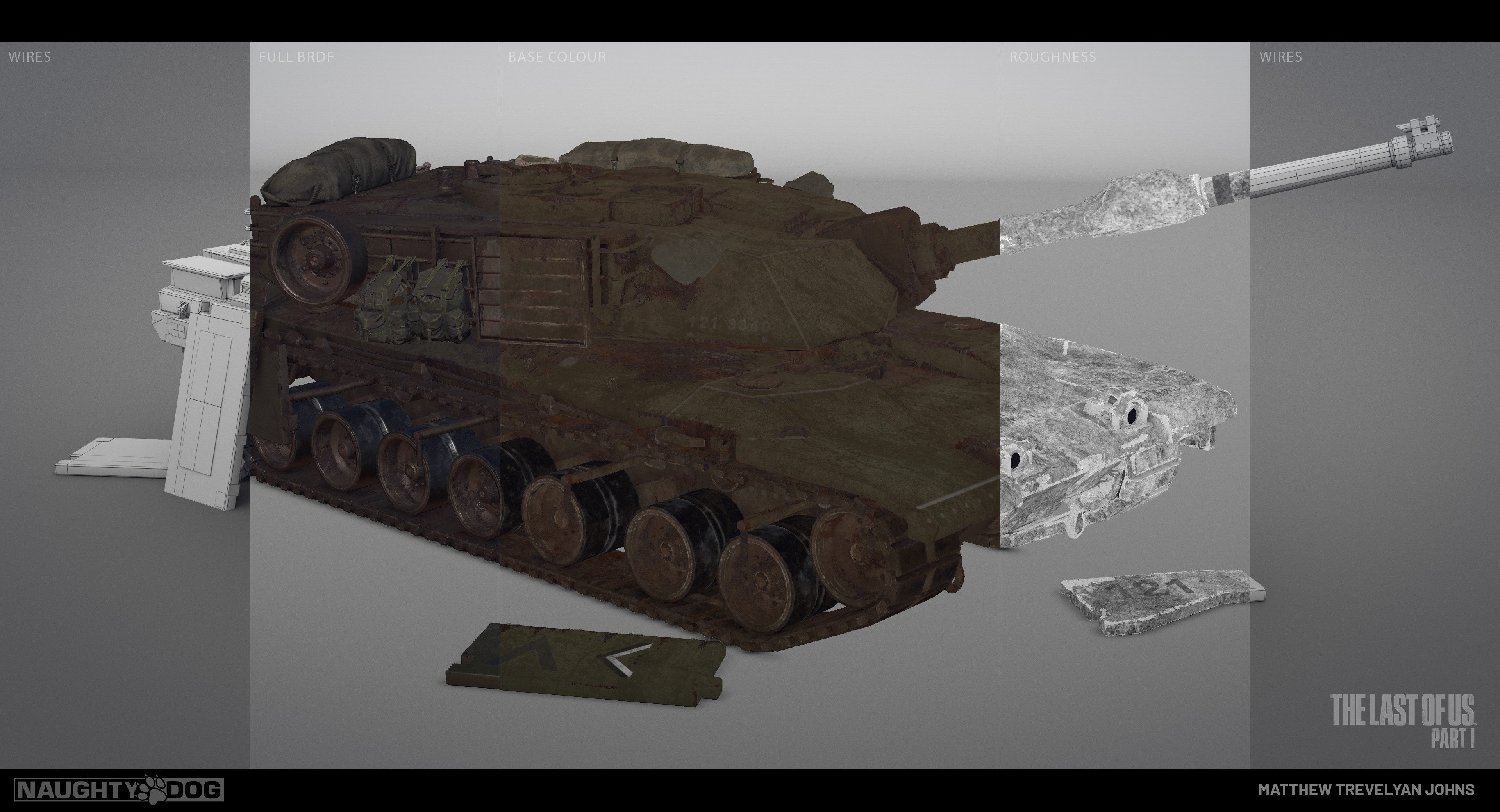 Here's a little look at some brdfs. The tank could also be posed with armour plating removed, tracks damaged and the turret rotated. A few times the turret was 'aimed' in such a way to help tell a story of the destruction present in the world