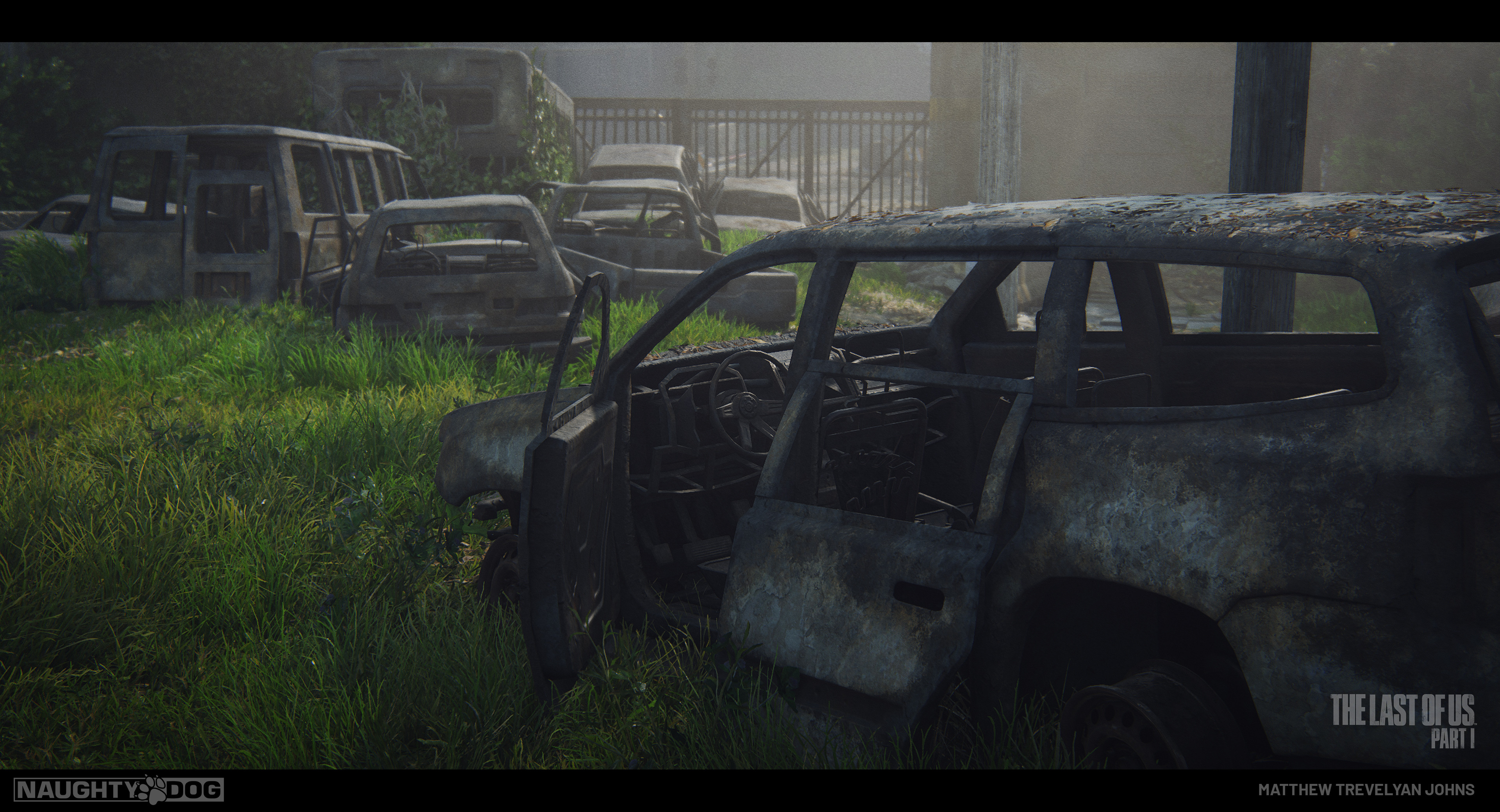 Studying the reference most vehicles that survive flames end up as burned, ashy husks. But to add a little flare and colour breakup to crowds of them I added a subtle flaking paint layer into the shader, which could change it's colour based on placement