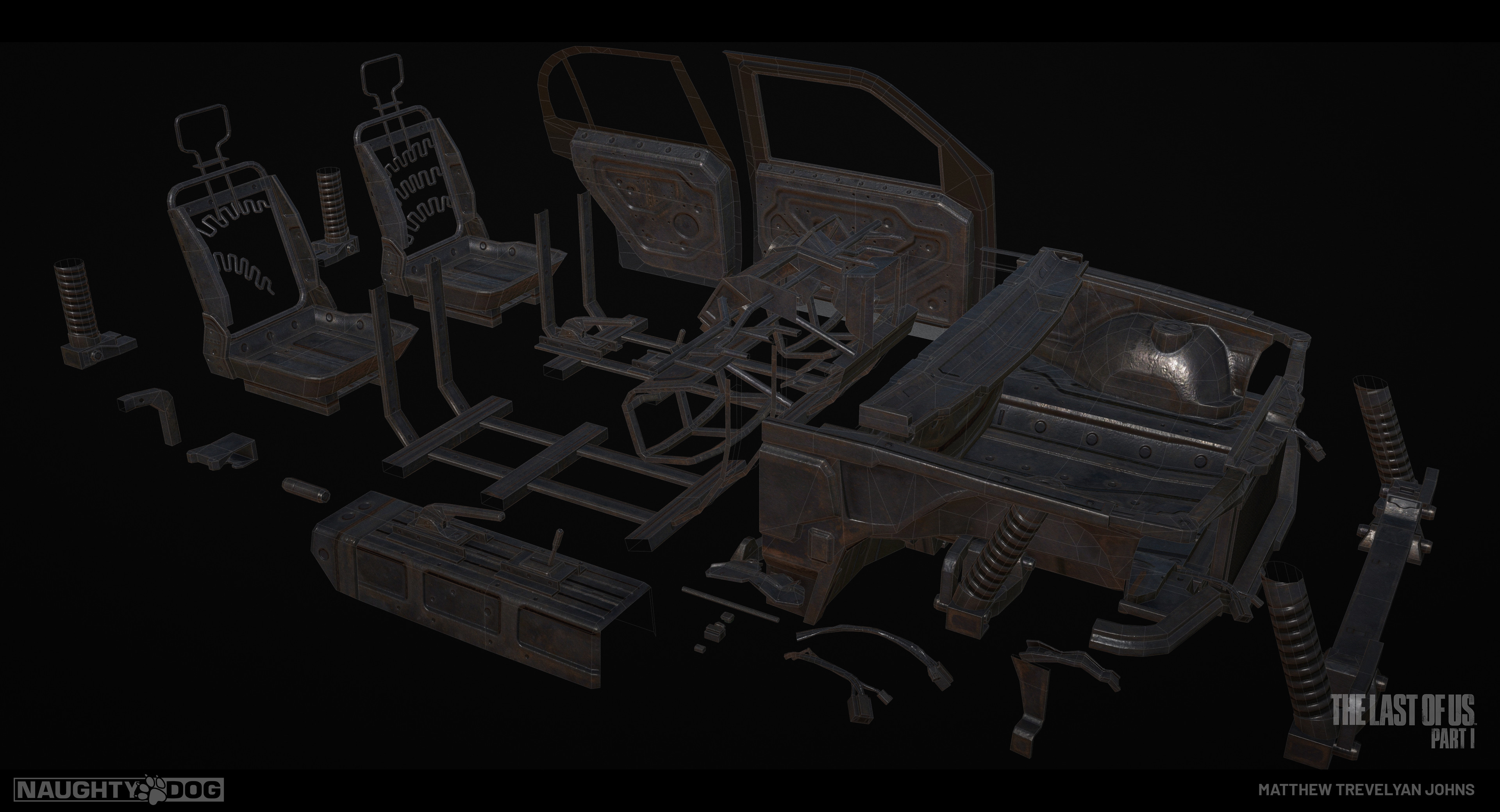 I built a modular kit of parts that would be used across all burned-shell vehicles (10 in total). Twisted, charred steel was represented with high-low poly bakes and trims and all could be posed/swapped to create new and interesting looks for all vehicles