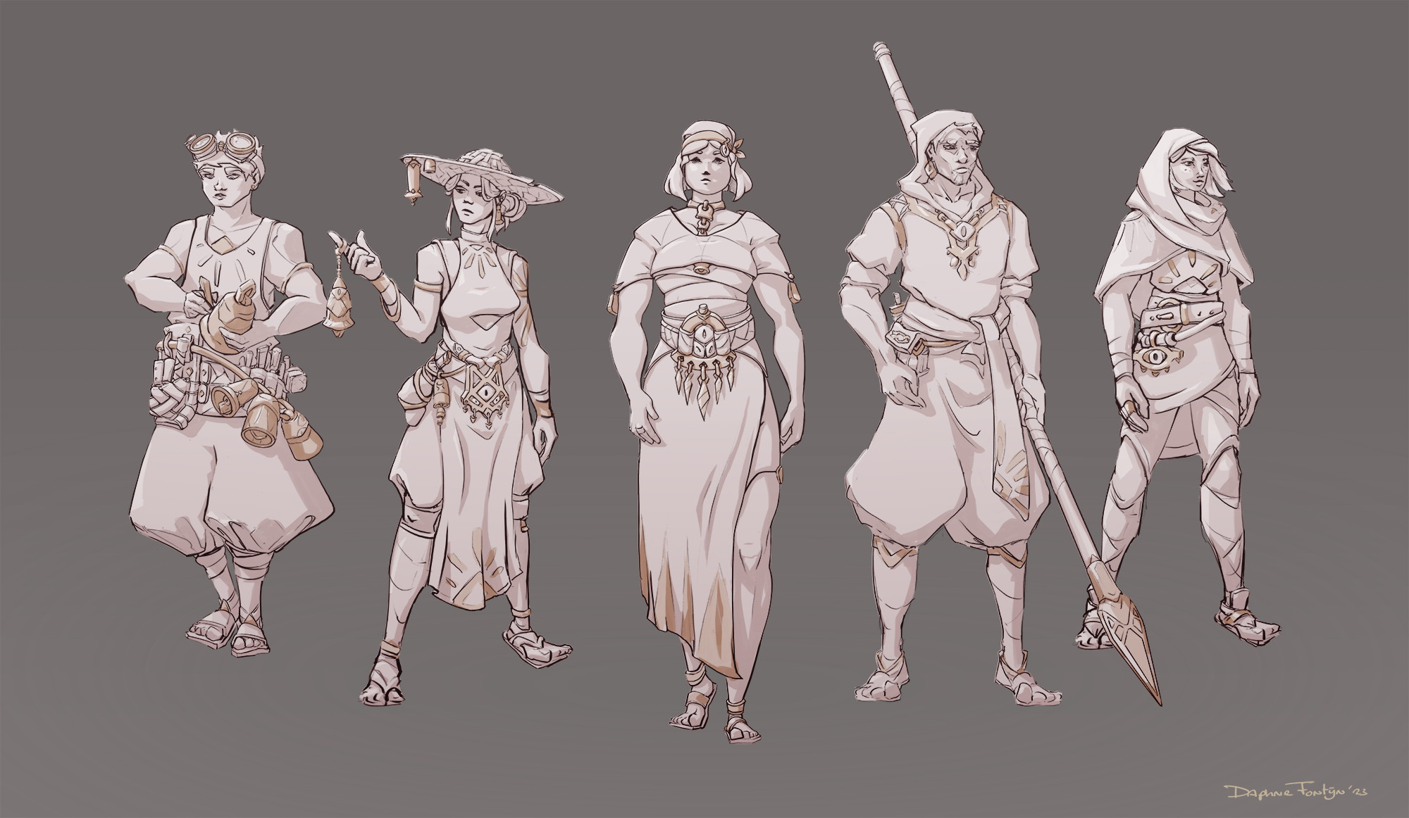 I was thinking that these are the NPC's you can hire for your desert expeditions. We've got an artificer, shaman, team manager, fighter and scout