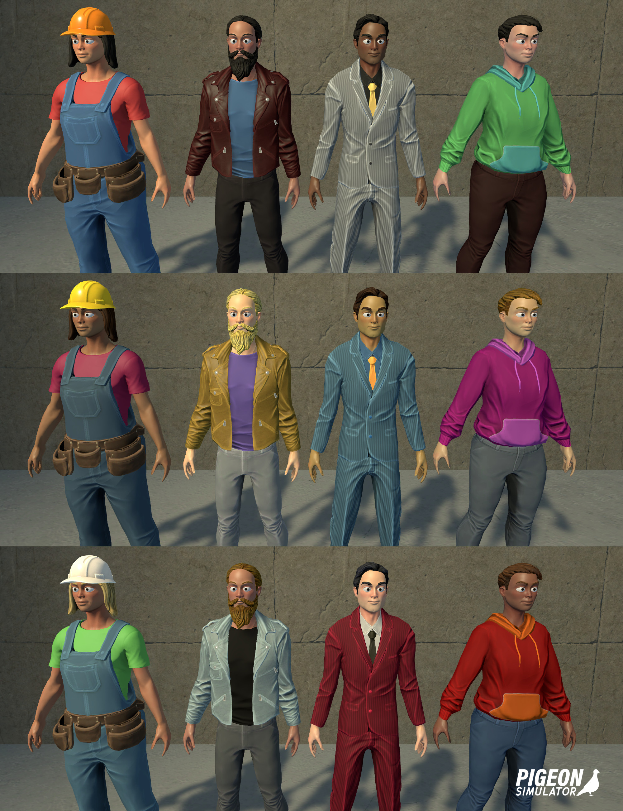 Here's 4 unique NPC models with 3 of their material variations. Each model has 5+ material variations that would be chosen at random when spawning. Hair runs on its own texture set, with its own random material swaps, making for tons of possibilities.
