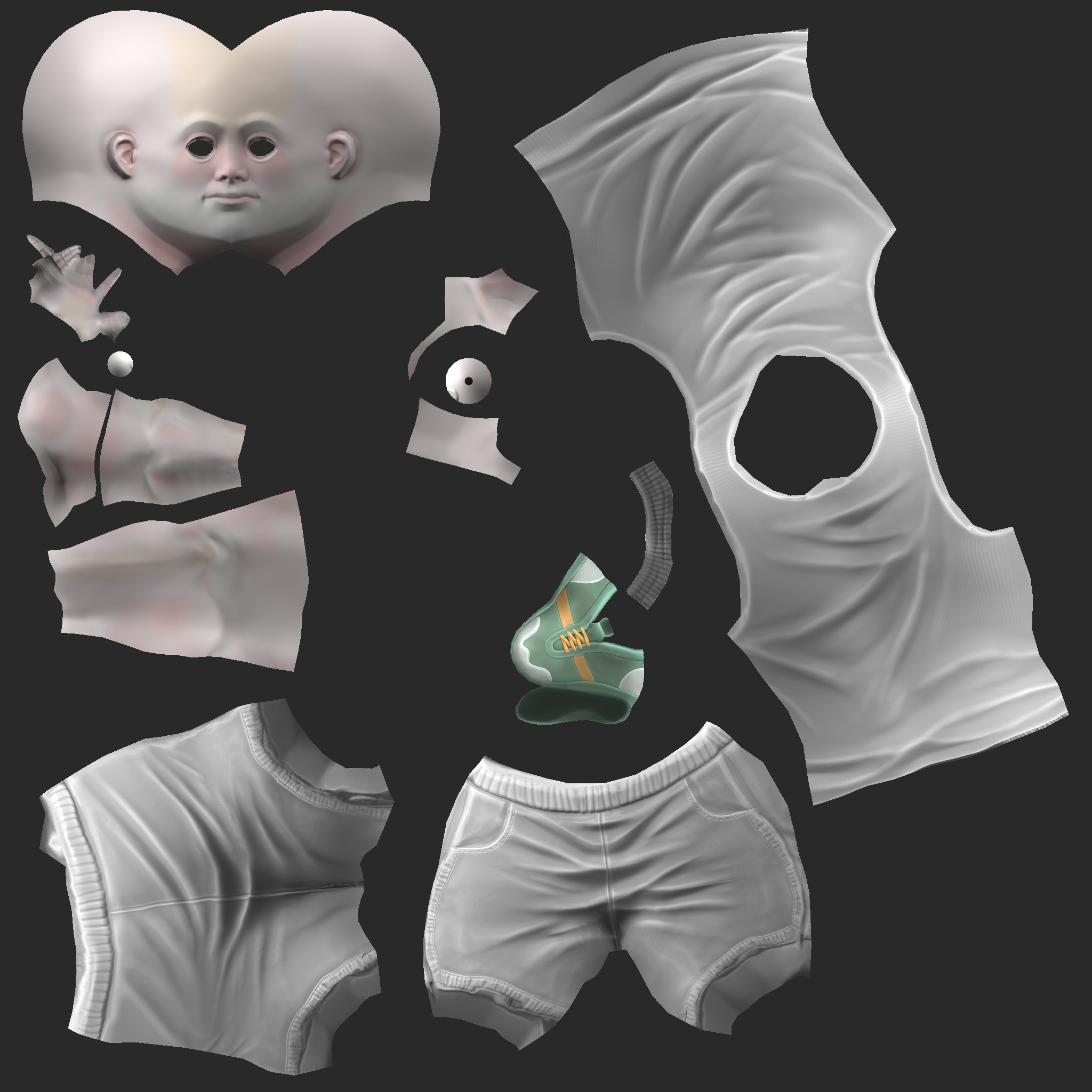 Example UV layout of "Female Athlete 01" - maintaining the upper left skin UV area across all NPCs.