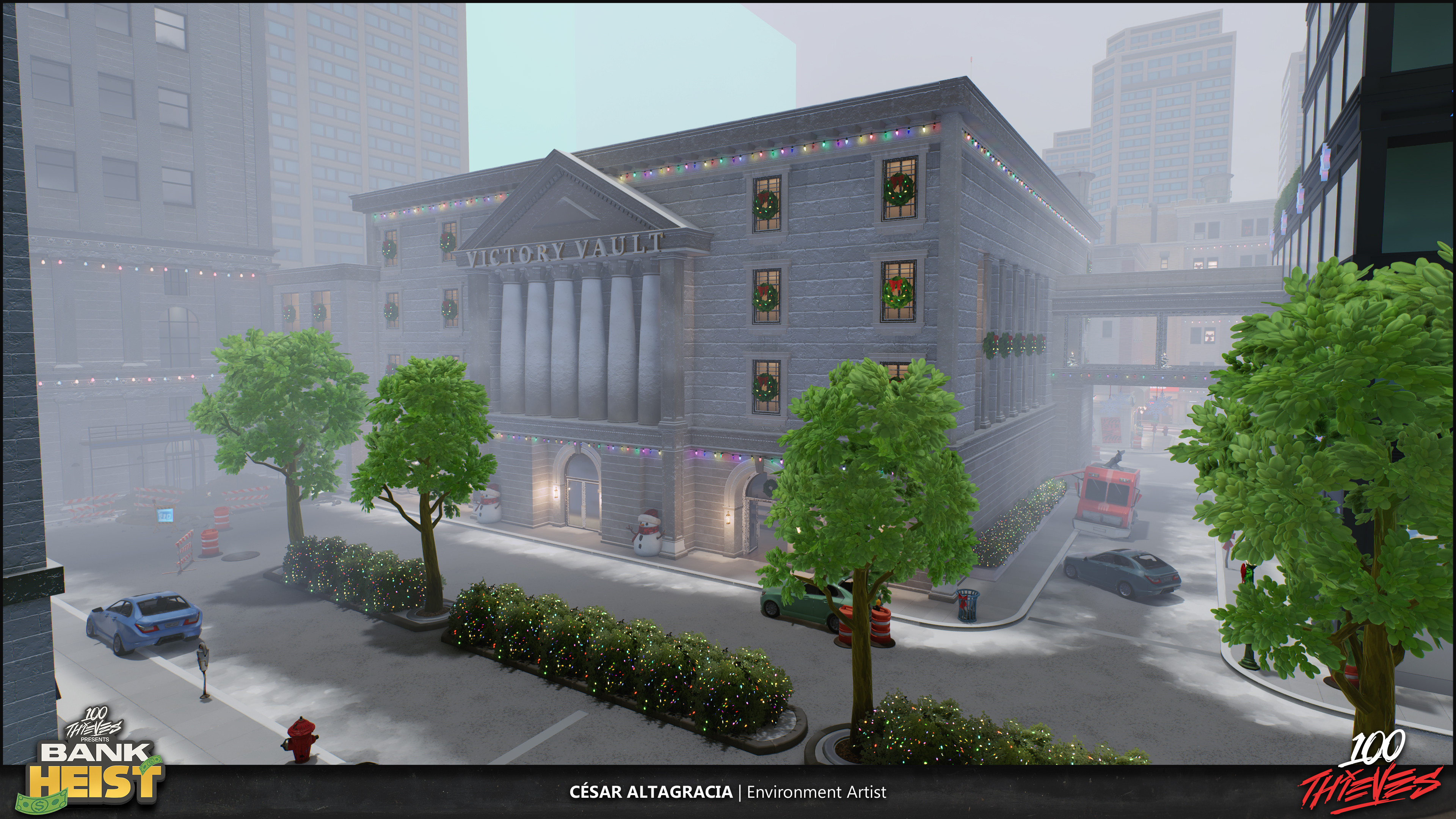 Bank Heist Holiday update.
For the winter season I placed holiday decorations across the entire map. 
Weather effects, lighting and snow texture updates by Thiago Klafke.