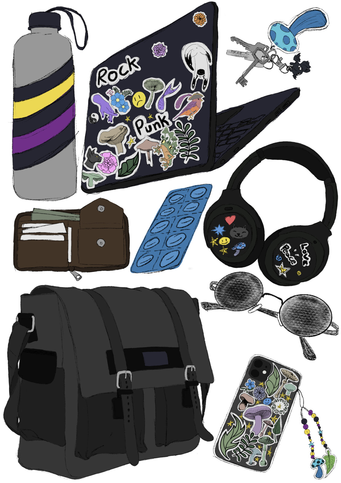 Some objects that can be found on Oizys backpack, in order to help showcase their personality.