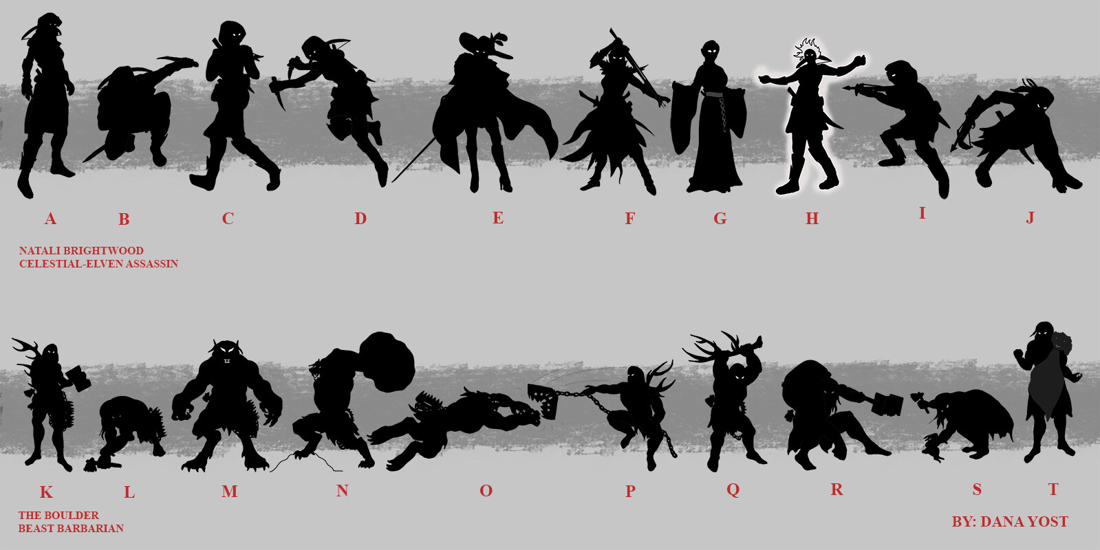These are concept art silhouettes to figure out good form ideas for character designs. These are for two characters; one female assassin, and one male barbarian.