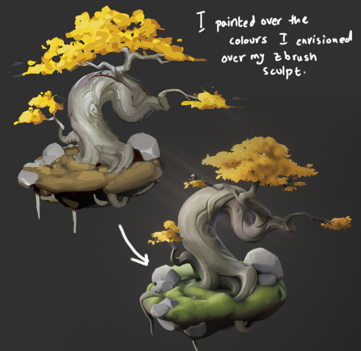 I took a screenshot of my Zbrush sculpt and envisioned what it would look like with yellow leaves and determined the shape of the foliage silhouette. I wanted it to resemble a Bonsai.