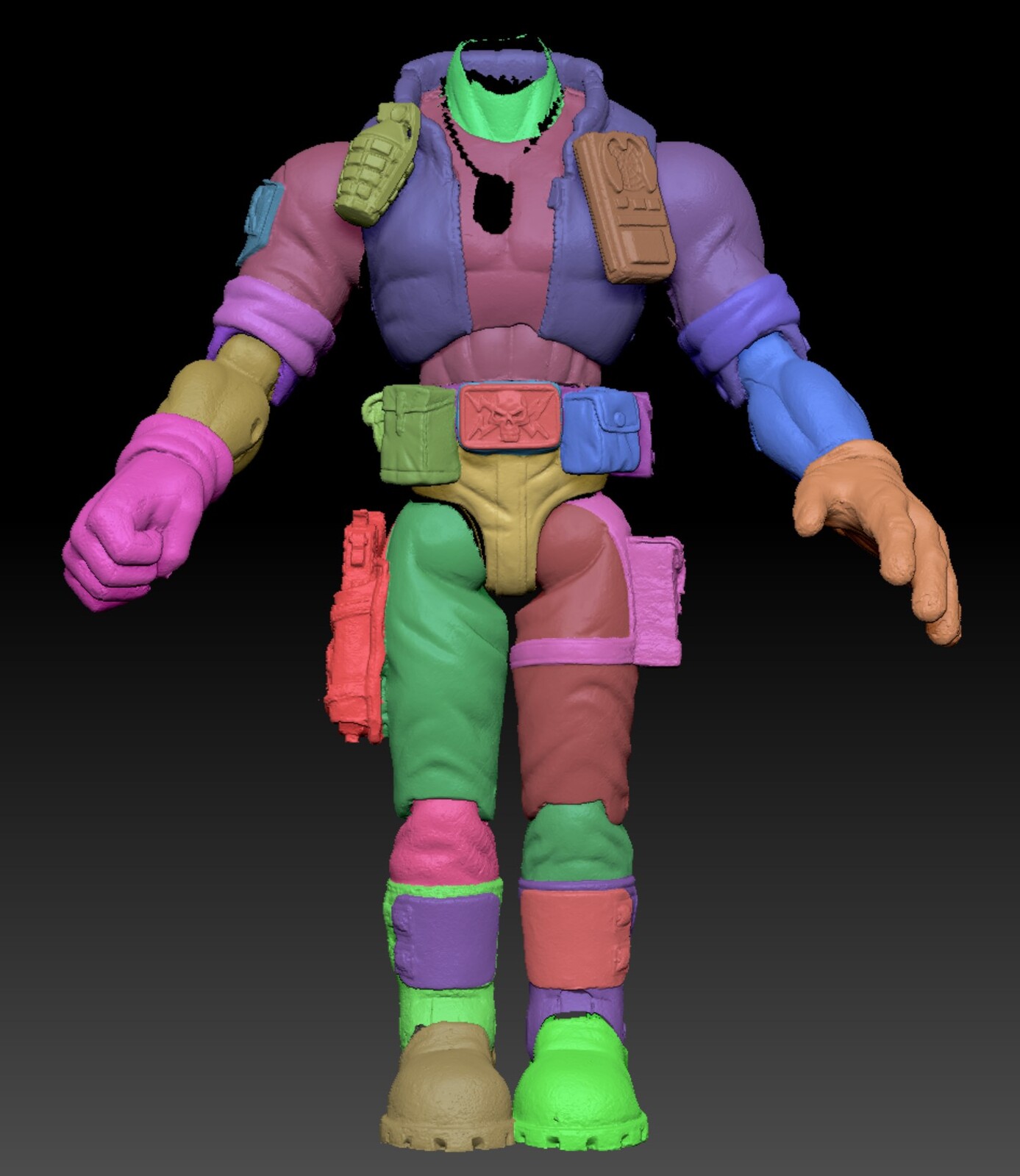 The next step was to bring him into an A-pose. During this step it was important to keep the transforms of the original scan pose for when it came time to project the texture back onto my new geo. I also split the model up further, for more control.