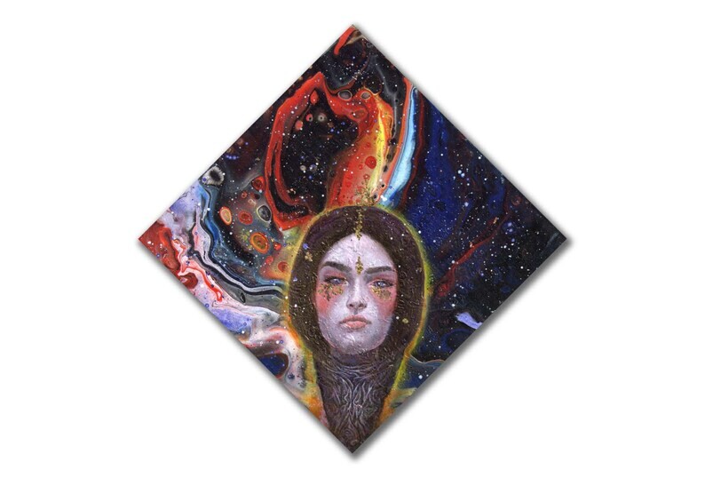 Acrylic pouring, acrylic, coloured pencils and metal leaf on canvas board, 25cm square