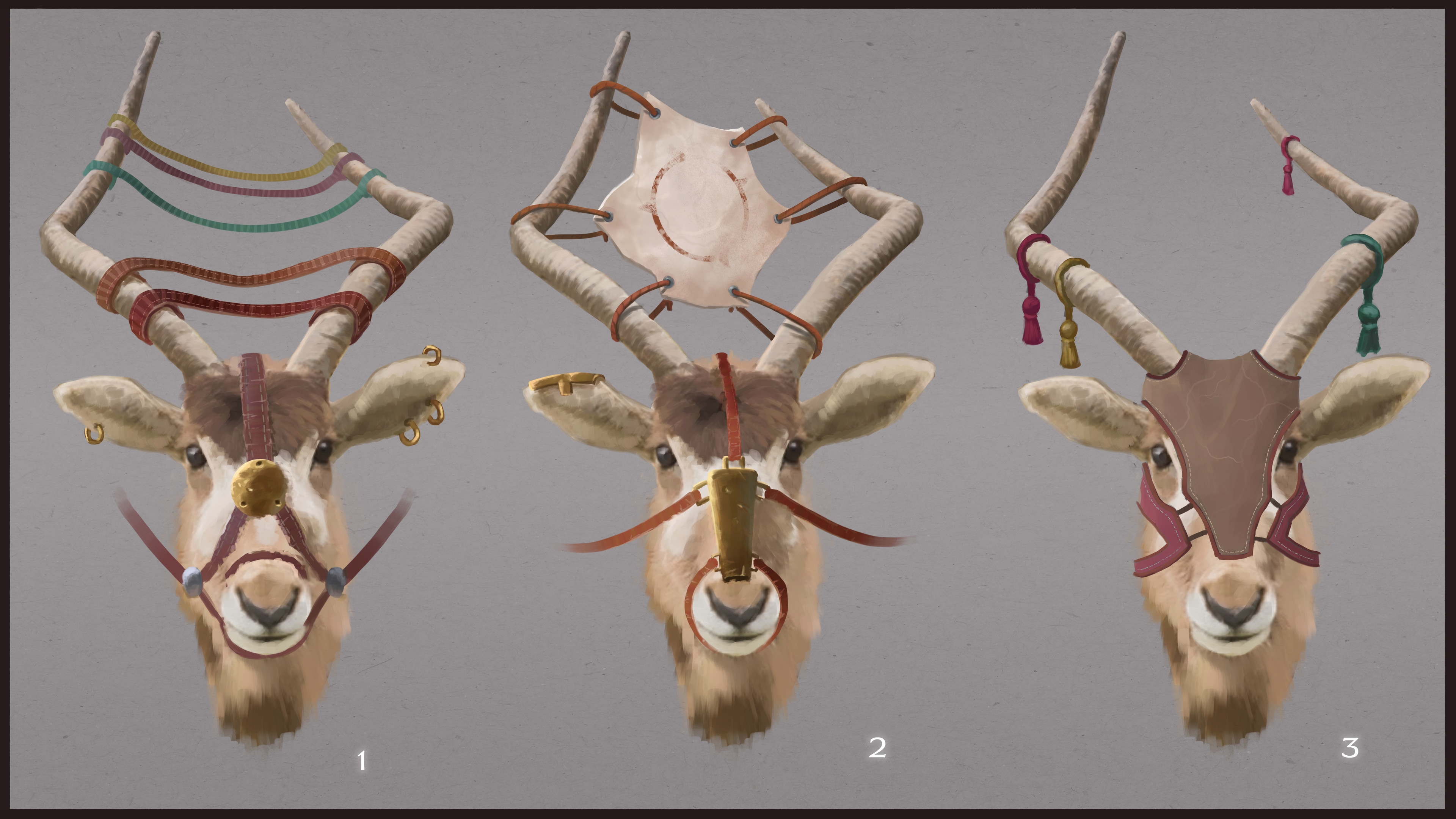 Concepts for 'head gear' for the mount. For number two, the screen works to both identify the rider at a distance and deflect the desert sand. 