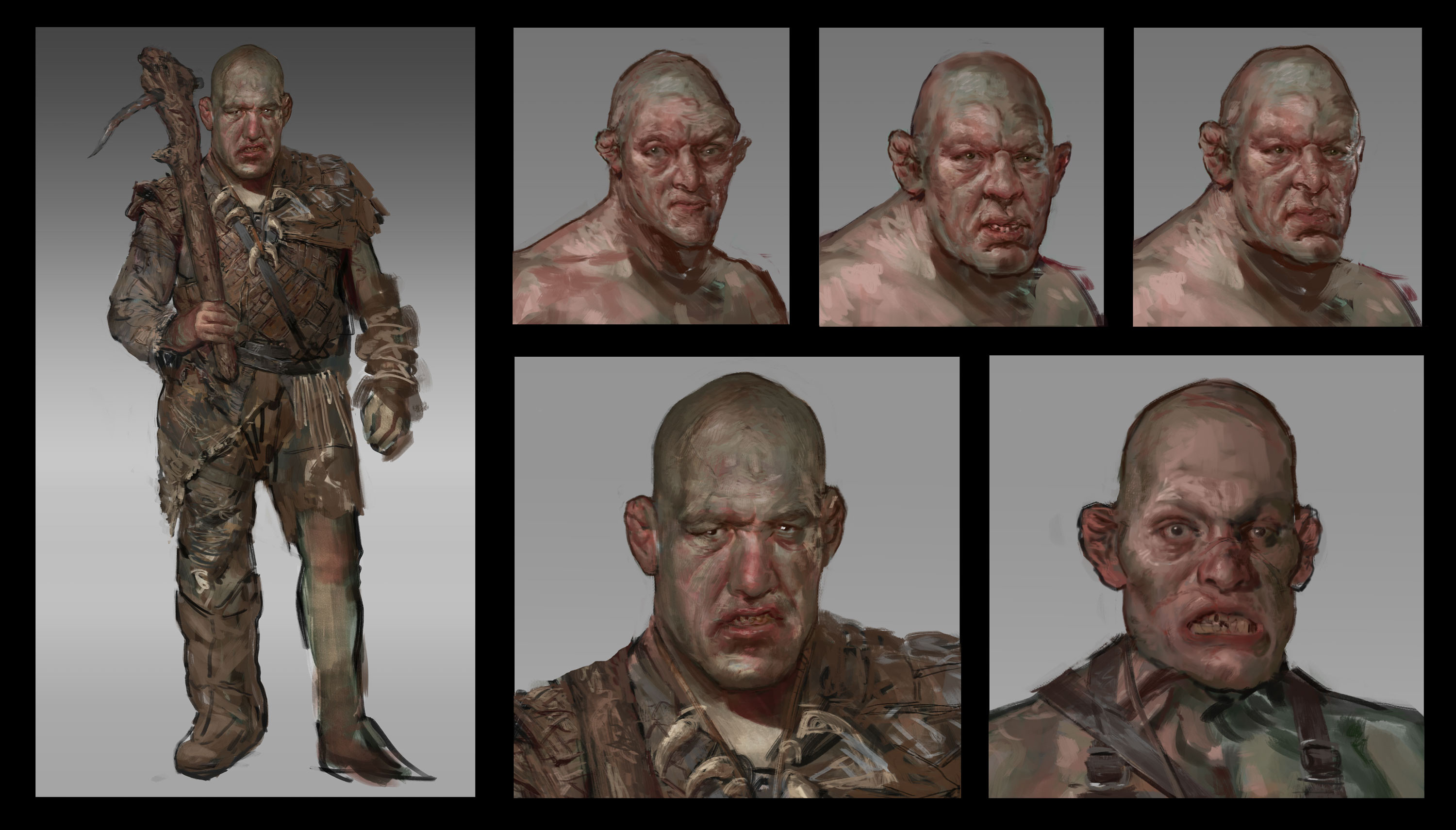 Supermutant mugshots. For the peculiar shape of the head and enlarged features, I referenced the condition Acromegaly. In particular I looked at images of Andre the giant and Maurice Tillet.