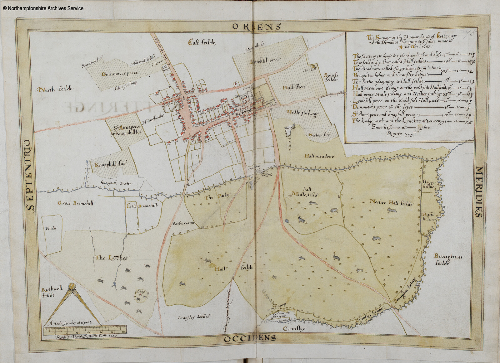 Northamptonshire Archives Service have kindly given me permission to share this image of the original map that the animation is based on. (Reference FH272 Maps of the property of Lord Chancellor Hatton 1580_84 Ketteringe map).
