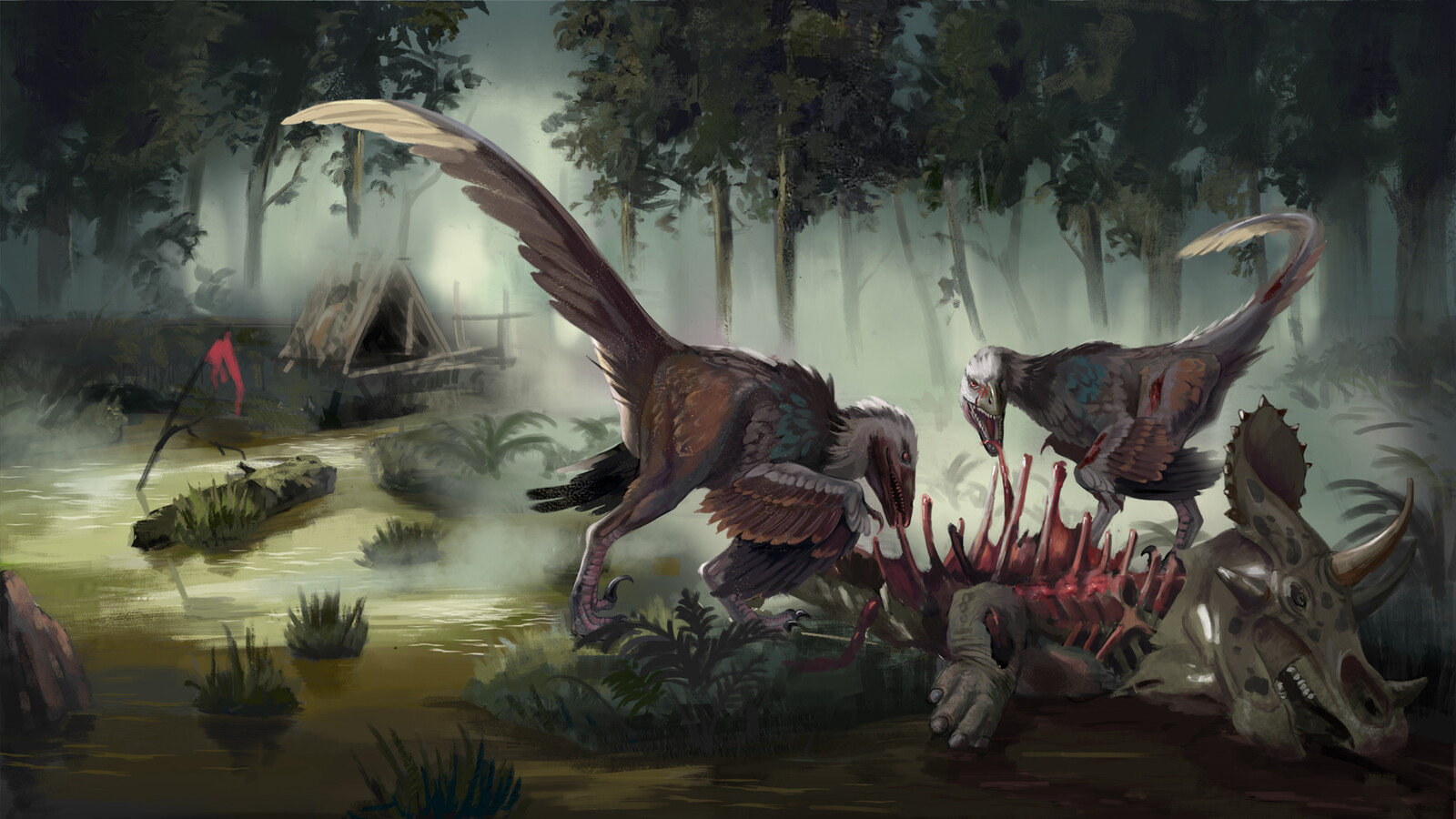 Dakotaraptors and Triceratops. Horror paleoart. 