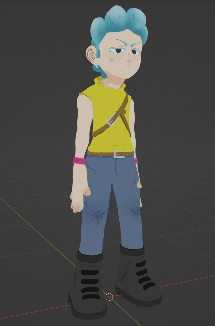 A posed 8Bit in Blender 3D. Their expressions were created using shape keys which allow for keyed editing of vertexes instead of traditional bone animation throughout.
