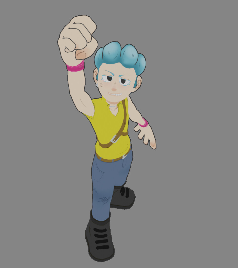 Titular character 8Bit, modeled in Blender and hand-painted in Substance Painter. Their linework was drawn on as at this stage in the project I had not figured out how I wanted to apply their cel shading.