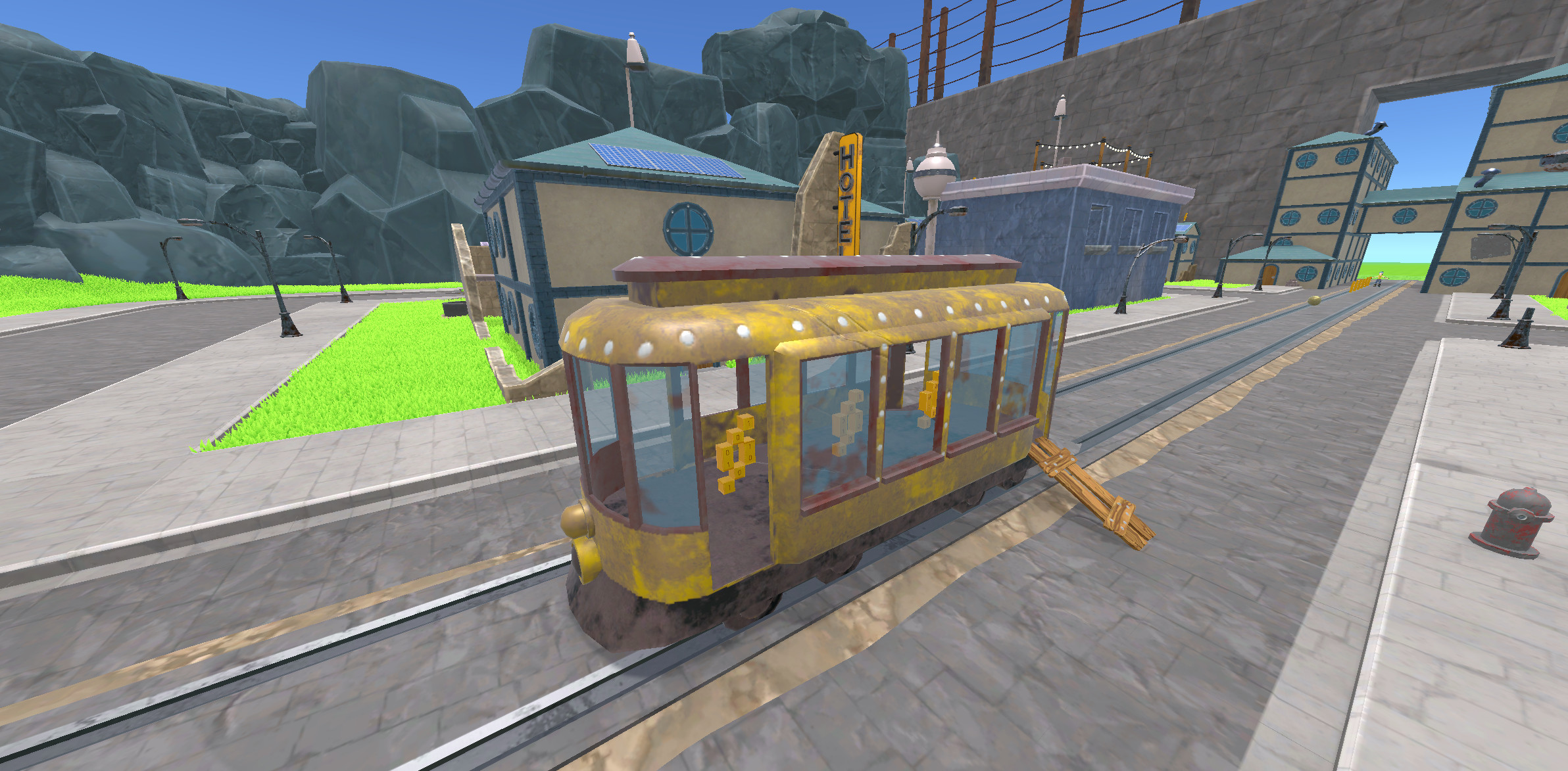 A non-functioning trolley that acts as a set piece for the ancient city.