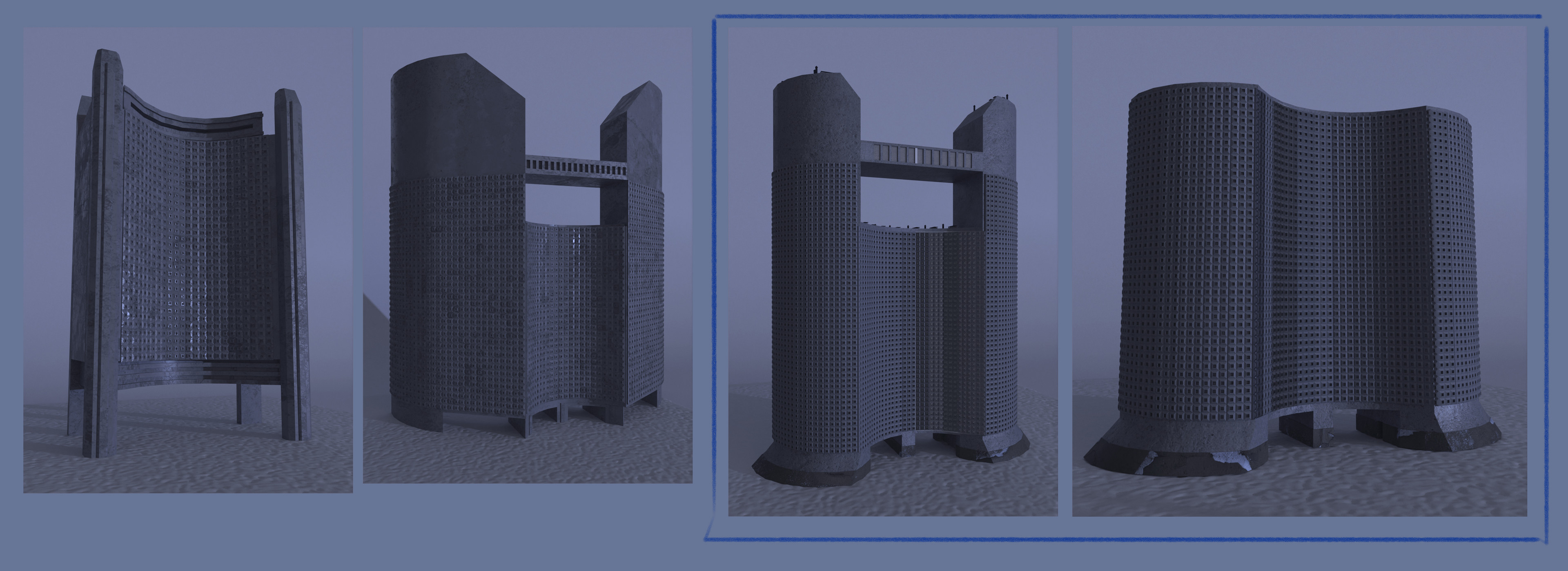 I went with semi-rounded design and made additional iterations. Two highlighted buildings ar the final designs.