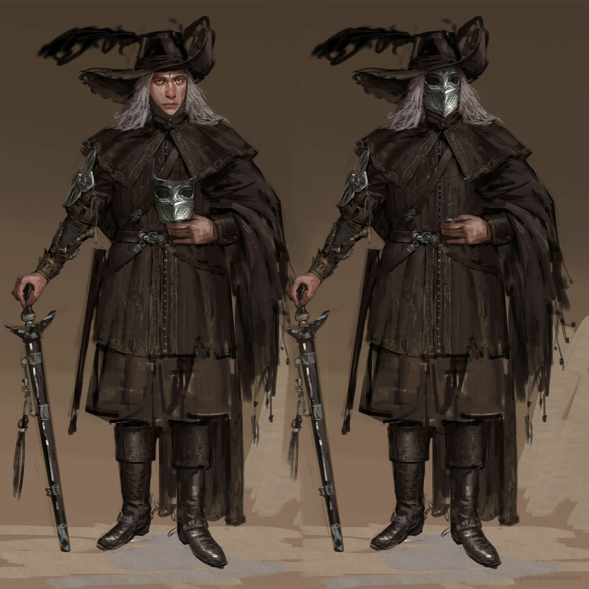 Character concept loosely based on a recurring figure in some of the concept art by Adam Adamowicz for The Shivering Isles. From 2021/22, for Skyblivion. Also inspired by concepts for Dark Souls 3.