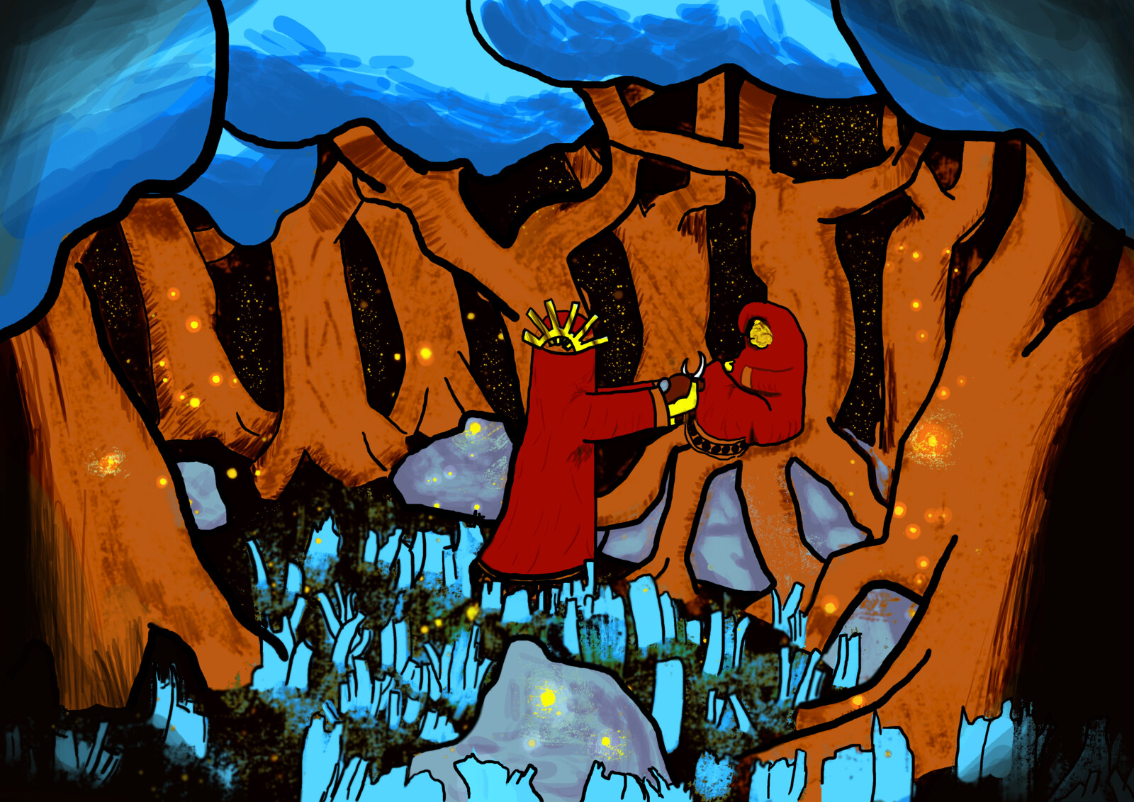 Leader Helping a Soul: For VC - 455. Fictional World Building. The main character handing a stuffed toy to one of his citizens.