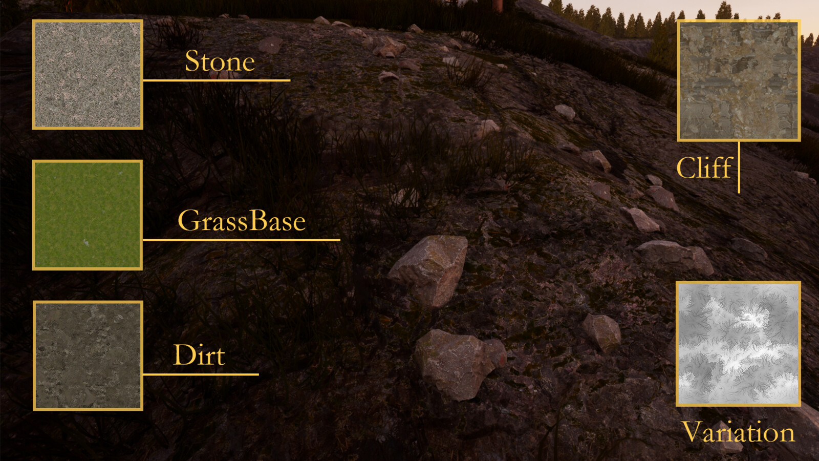To breakdown how I did the landscape material. I used 5 different maps in this auto-material. By slope it will calculate whether to put grass or cliff, and vary them by blending in stones and dirt.