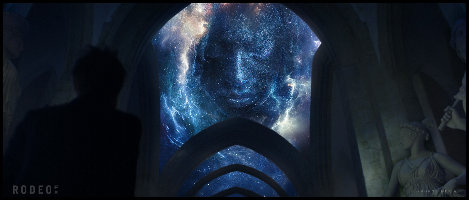 Dream looking up towards cosmic sky, revealing stars forming the face of Rose Walker. 