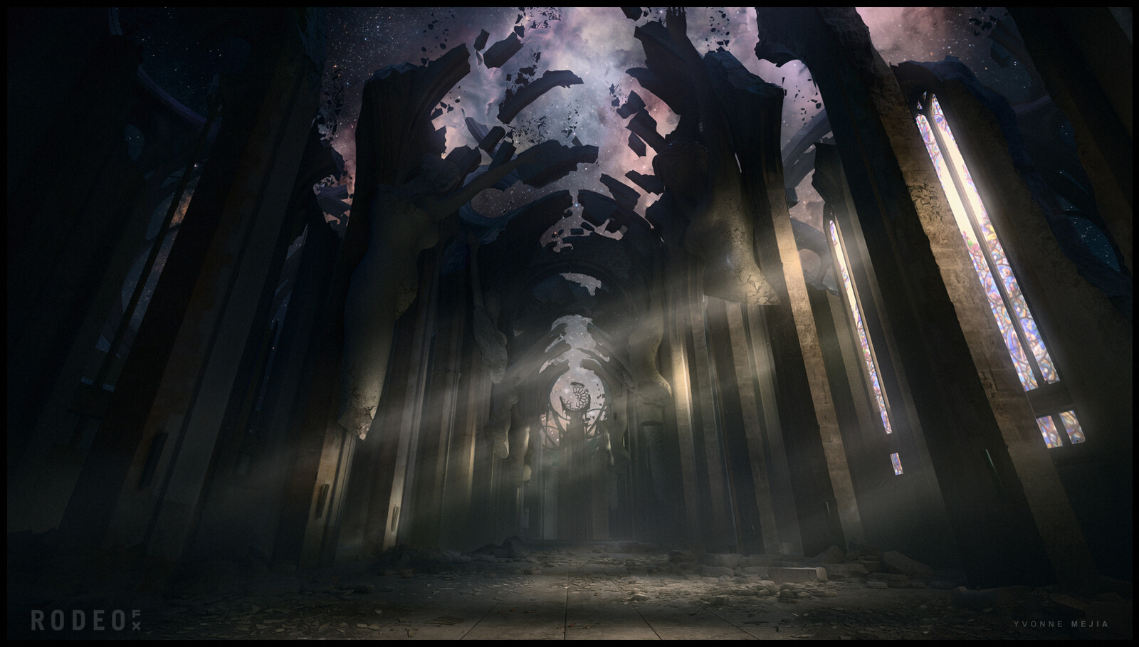 Throne Room Ruins, using a combination of 2D/3D elements. One of the challenges was to showcase an environment with two different lighting scenarios, cool light from cosmic sky above and sunlight coming in from stained glass windows.