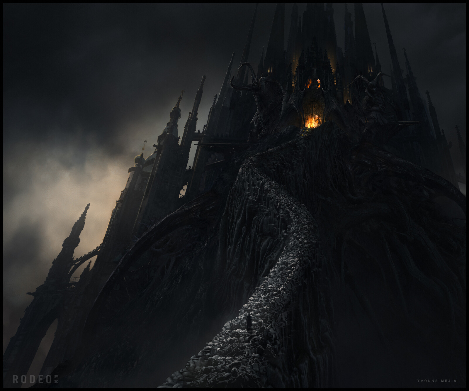 Palace Exterior. Mixing gothic and organic vine-like elements, with demonic creatures towering over the palace entrance. The twisted path leading up to the castle is grotesquely made up of piles of bodies.