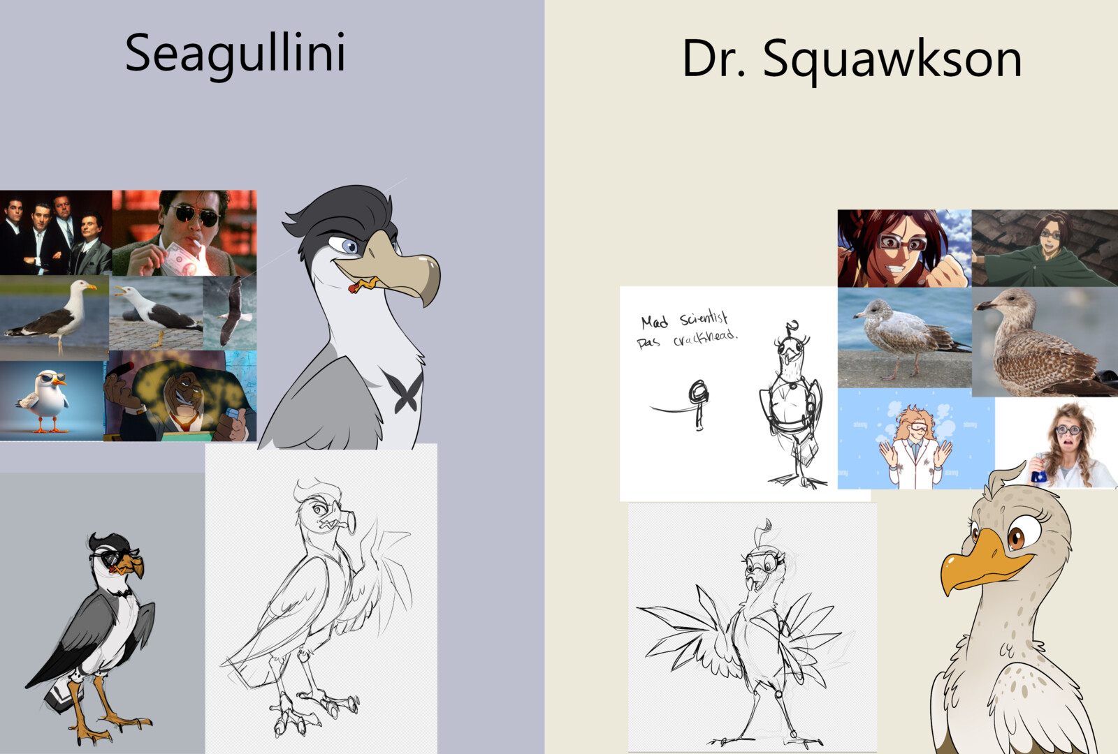 Seagullini est un Goéland qui est comme le 'Parain' des oiseaux de l'île. Je lui ai donc fait une allure sérieuse. Dr.Squawkson est une jeune Goéland excentrique pleine d'énergie. J'ai basé son plumage sur les Goélands Juvénile, tacheté. 