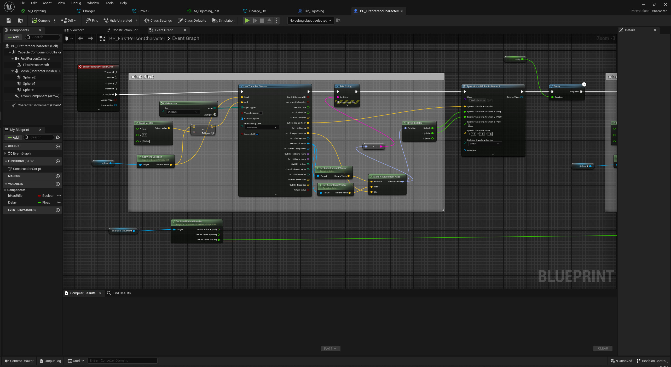 Unreal Blueprint spawn control with terrain alignment logic connected to player controller.