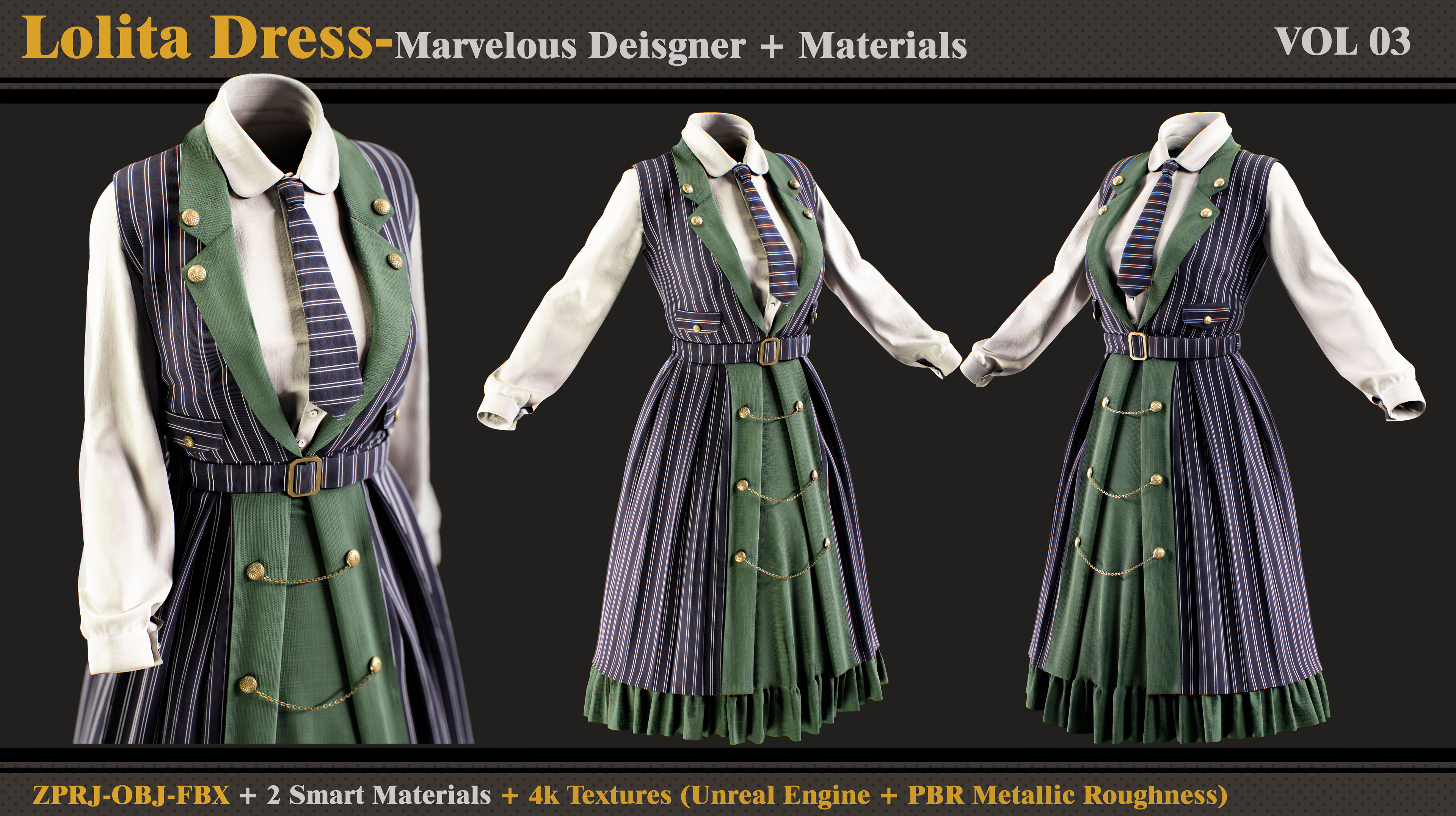 ArtStation - Lolita Dress -MD/Clo3d + Smart Material + 4K Textures + OBJ +  FBX (vol 03)