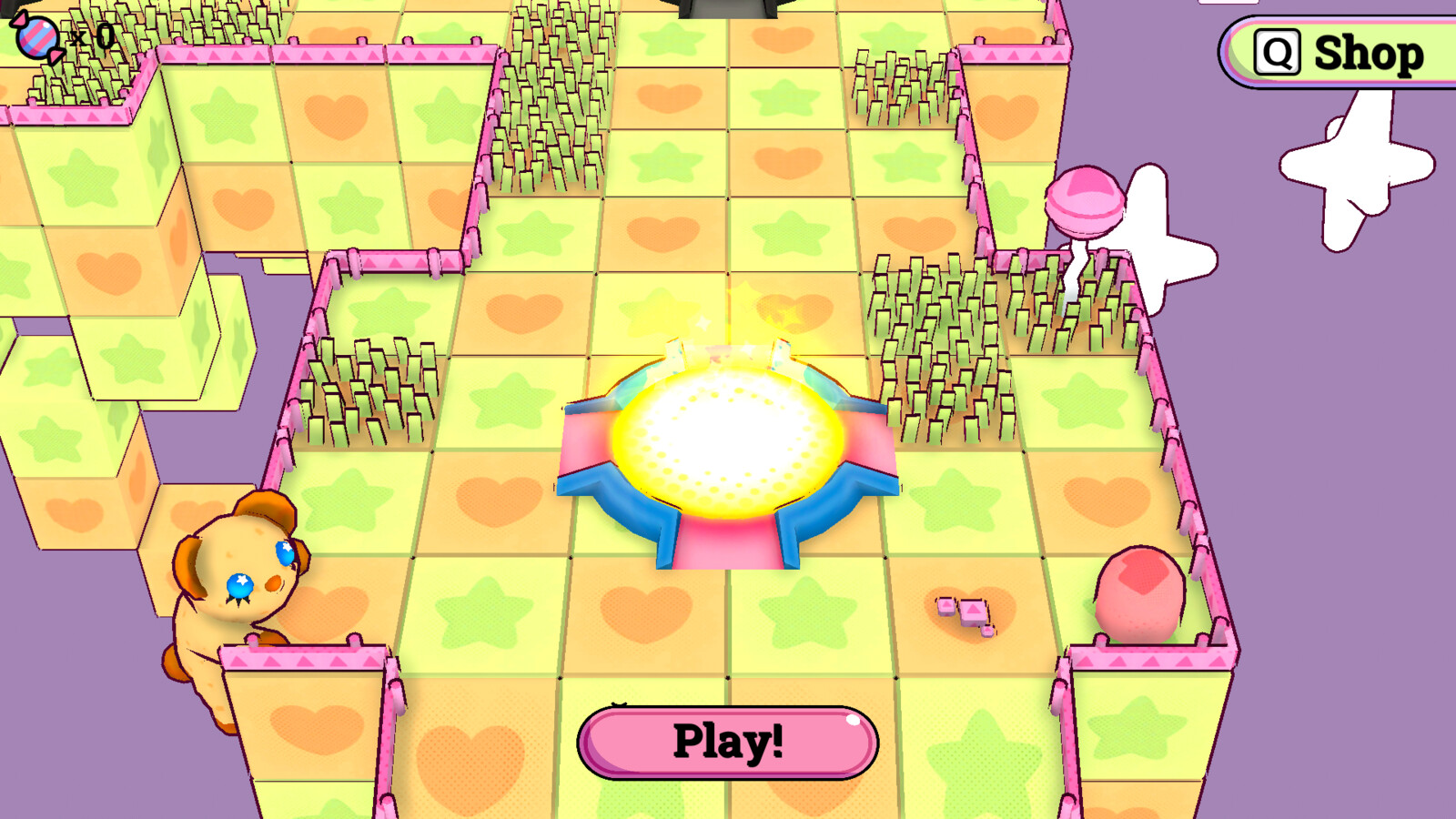 HUB world. Platforms light up bright when that level gets unlocked. "Play!" button shows up when player is sat on top of unlocked levels.