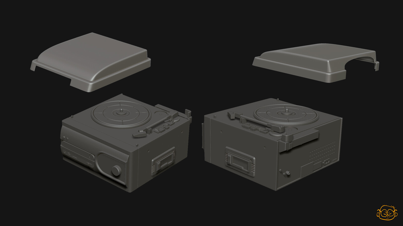 Highpoly mesh for the turntable. Not all parts are modeled yet in this phase, like the details next to the rotary arm. 