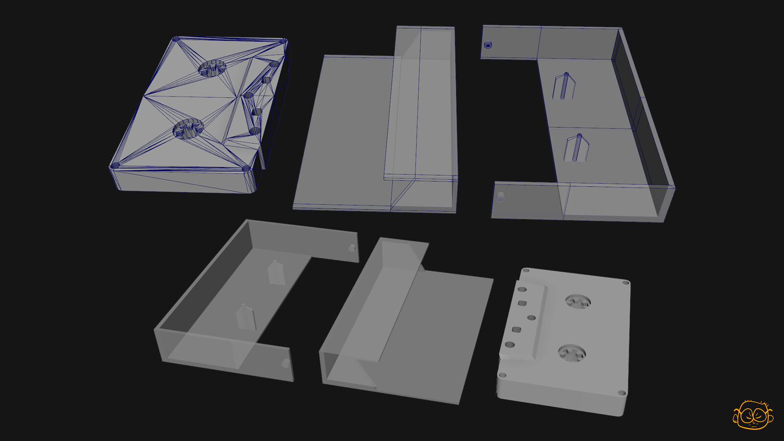 Lowpoly mesh of the casette and jewel case. I want the round shapes to be clear even while close to the camera, hence the fairly high polycount. 