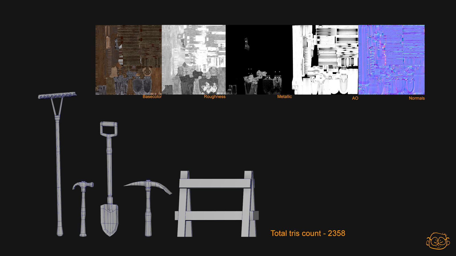 Breakdown of the tools. The texture is made in 2K, in final engine they were 512. 