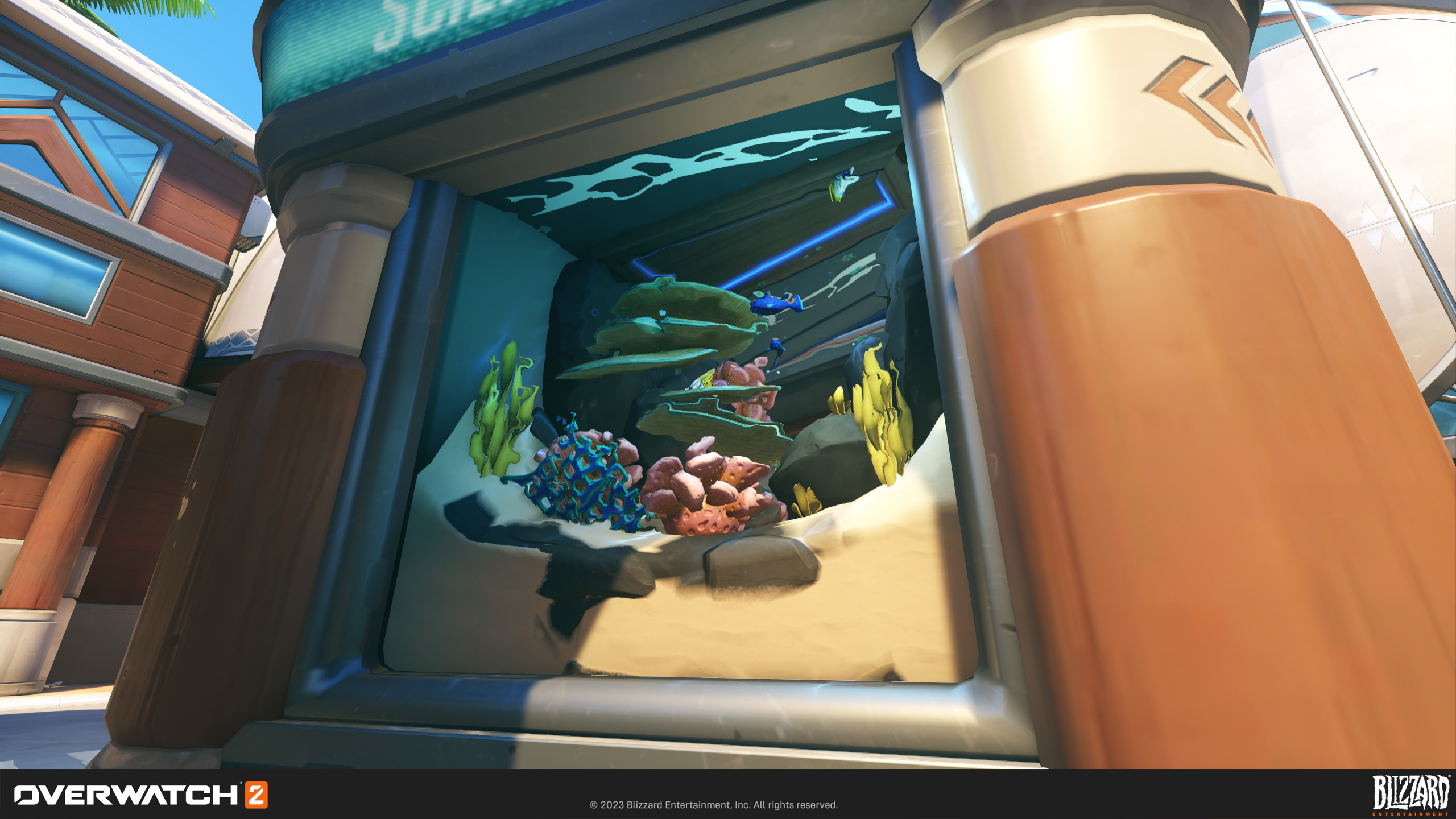 I modeled, textured, and created the visual motif of everything inside of the fish tanks. 