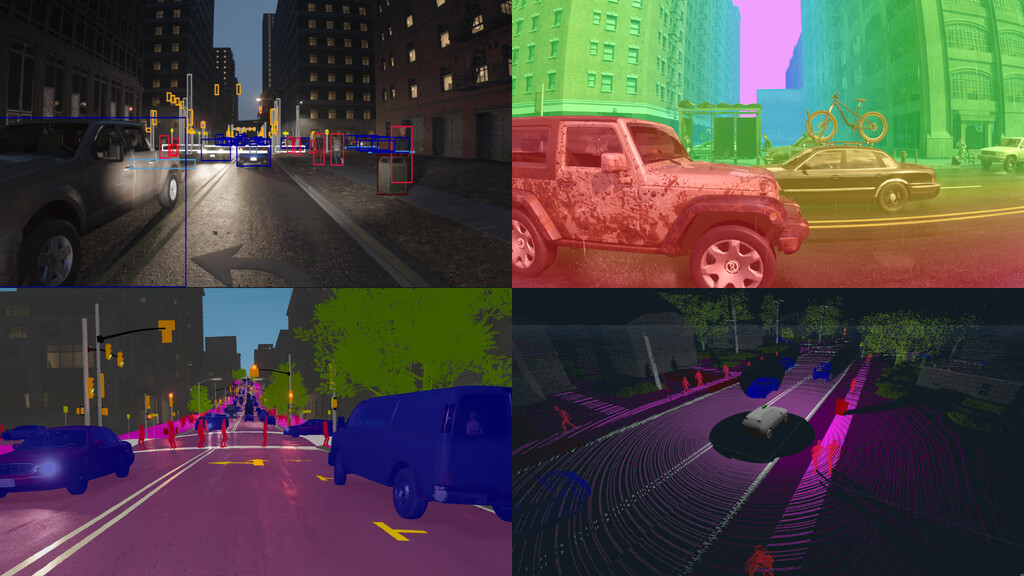 Apart from offering realistic renders, there is a requirement to support different layers of information that is useful for self driving vehicles.