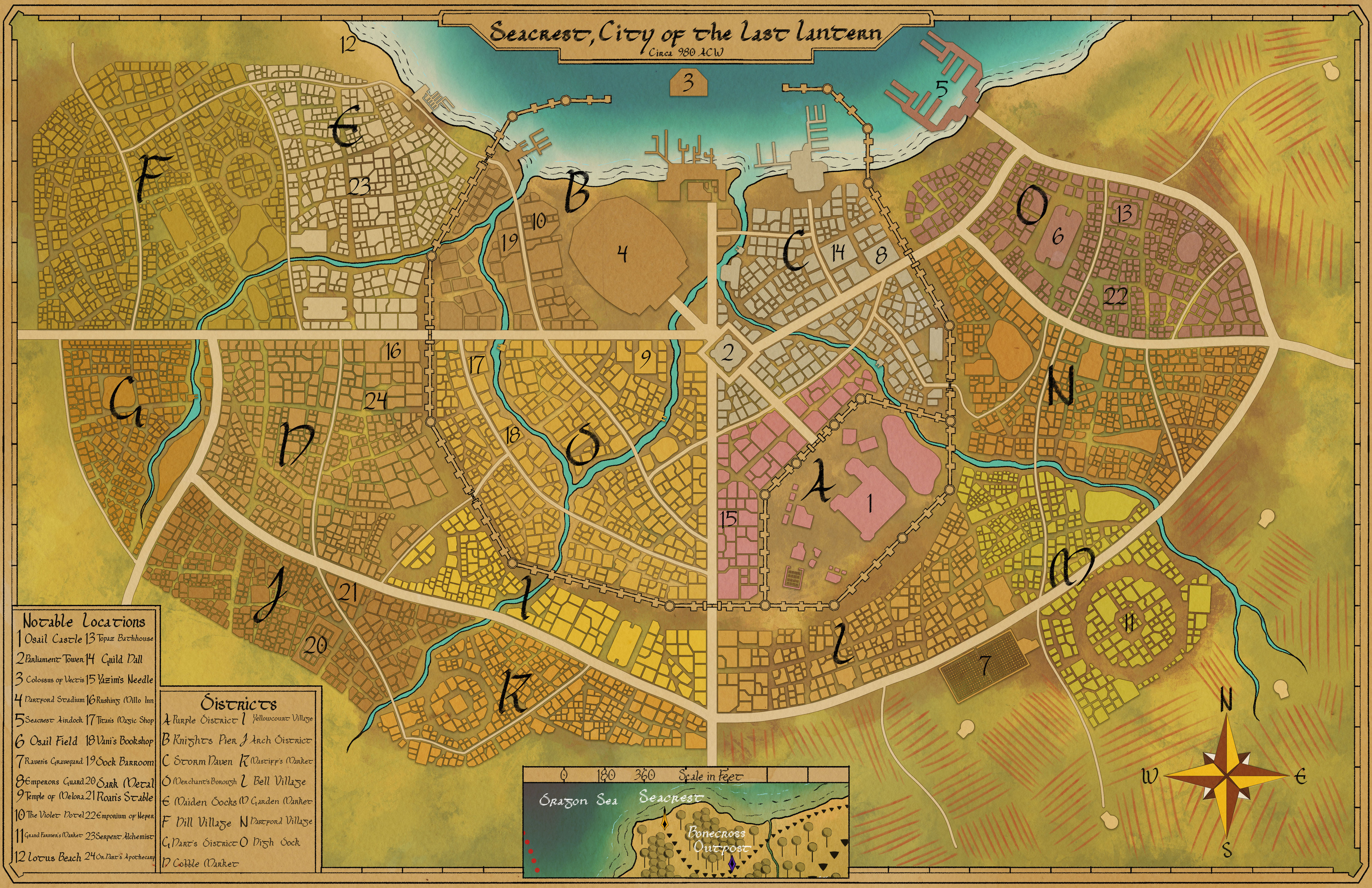 The coastal city of Seacrest, former home of pirates now home to the rich and famous. 