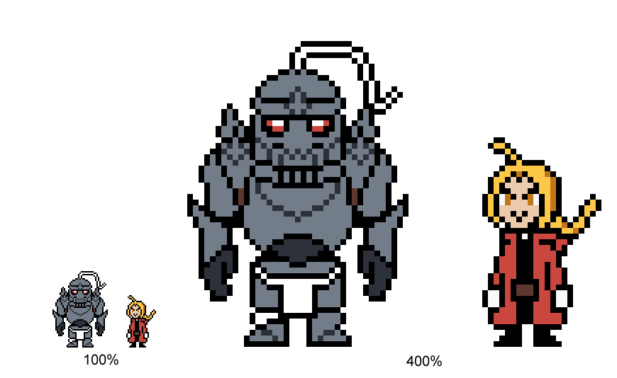 The Elric Brothers from FullMetal Alchemist, poixeled in the Undertale style.
