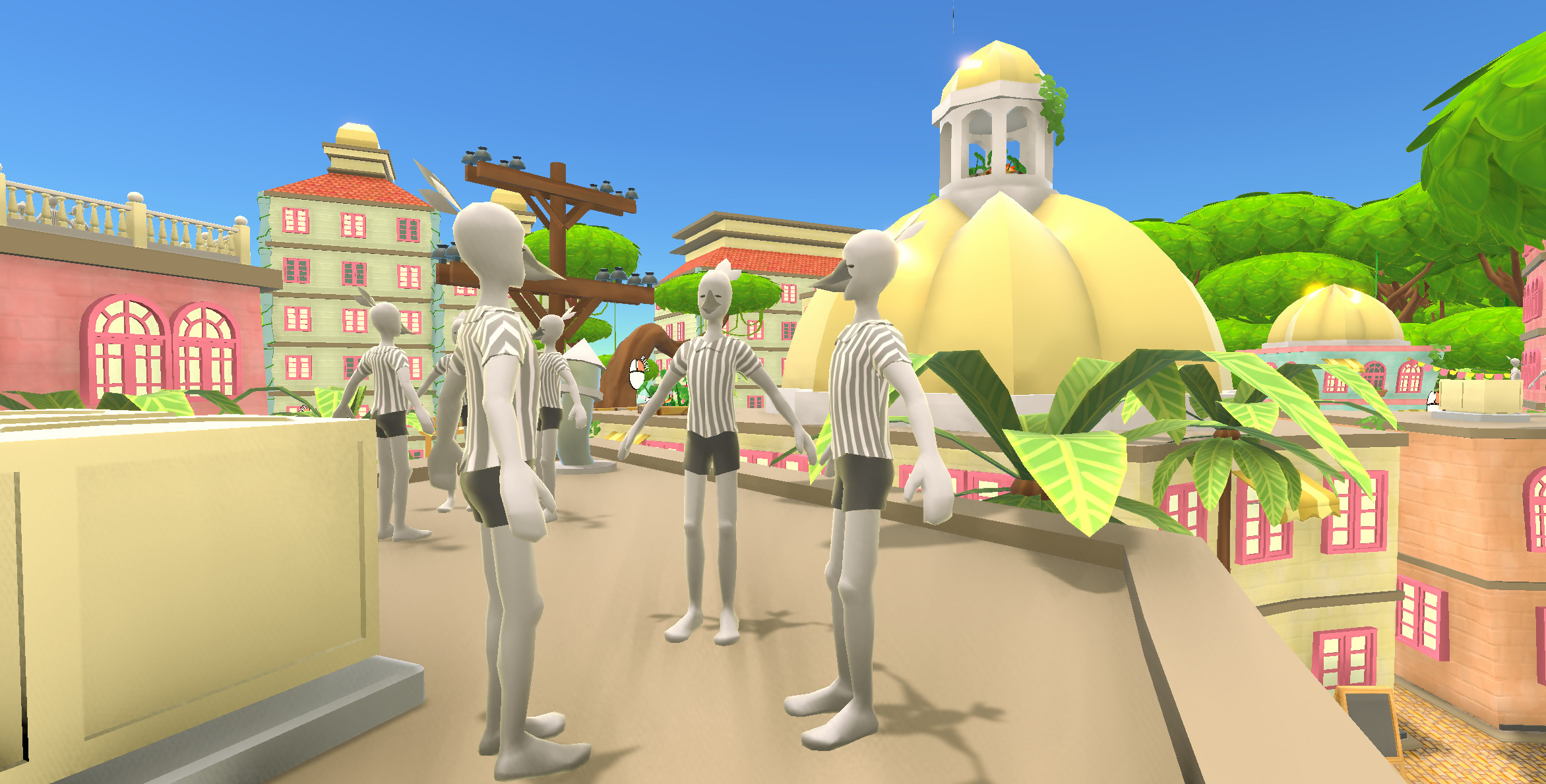 Pedestrians conversing on a rooftop. 