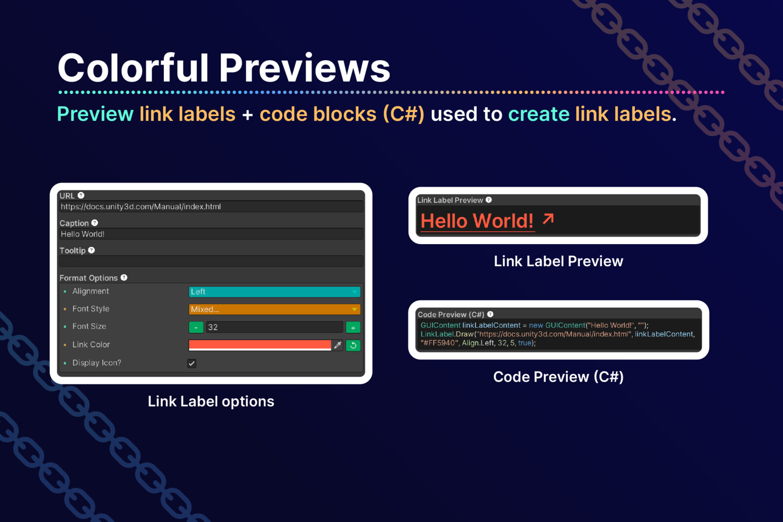 Colorful Previews: Preview link labels + code blocks (C#) used t create link labels.