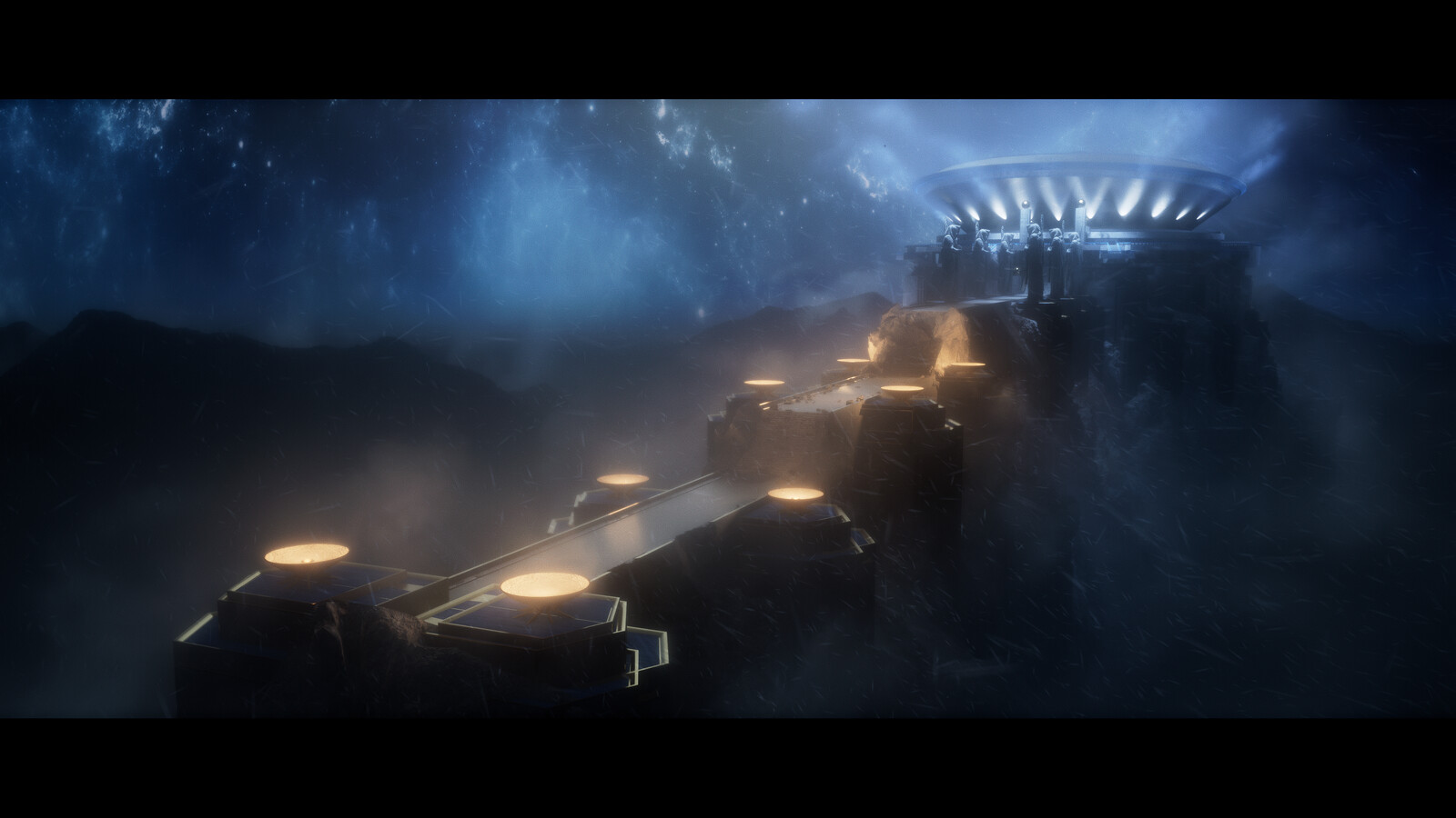 Master vizdev &amp; lighting I did for the arena environment before post and VFX was added. Rendered straight out of Unreal (Lumen real-time) on top. Real-time snow was created from SkyCreator