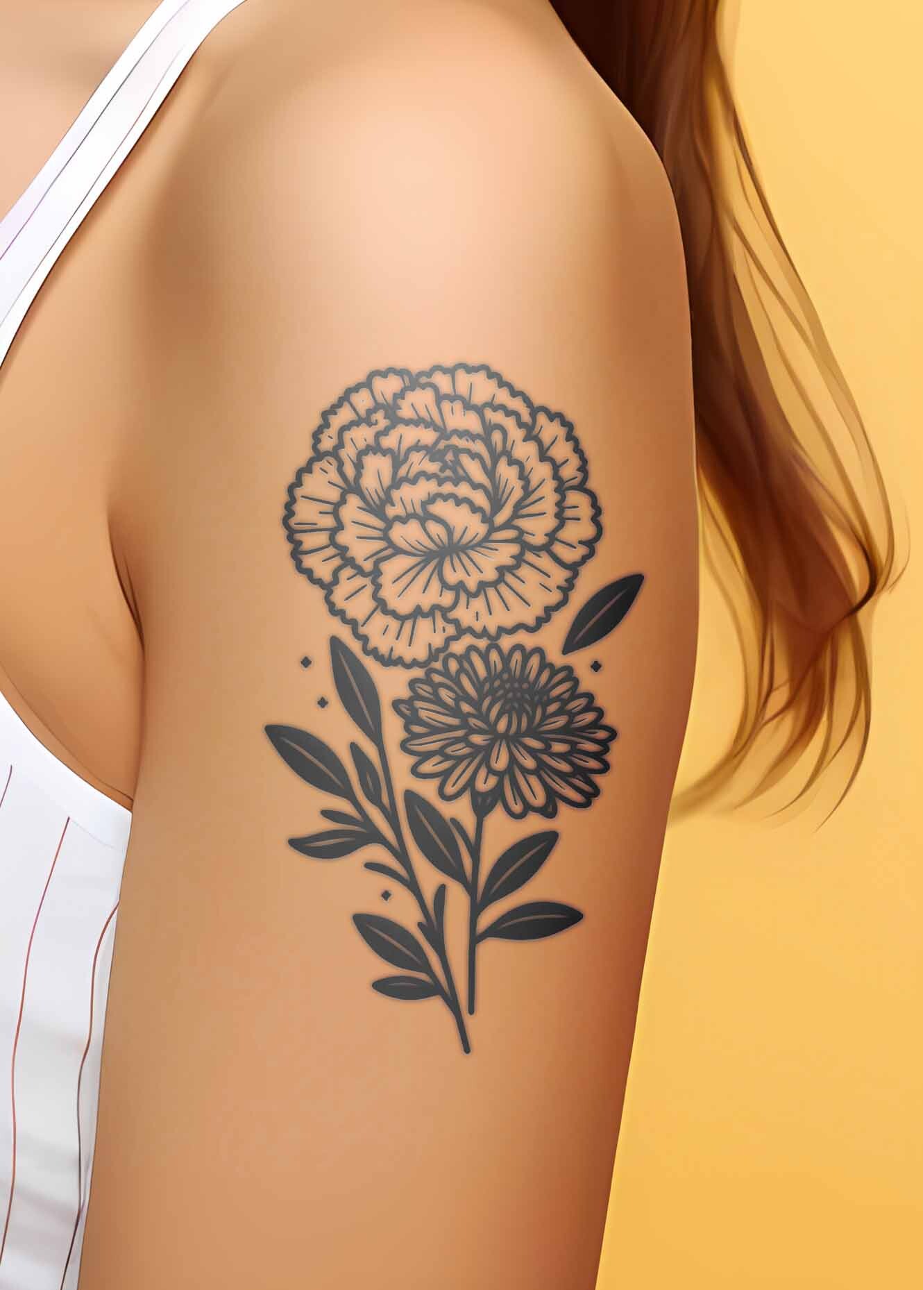 Chrysanthemum tattoo placed on the upper arm, done in