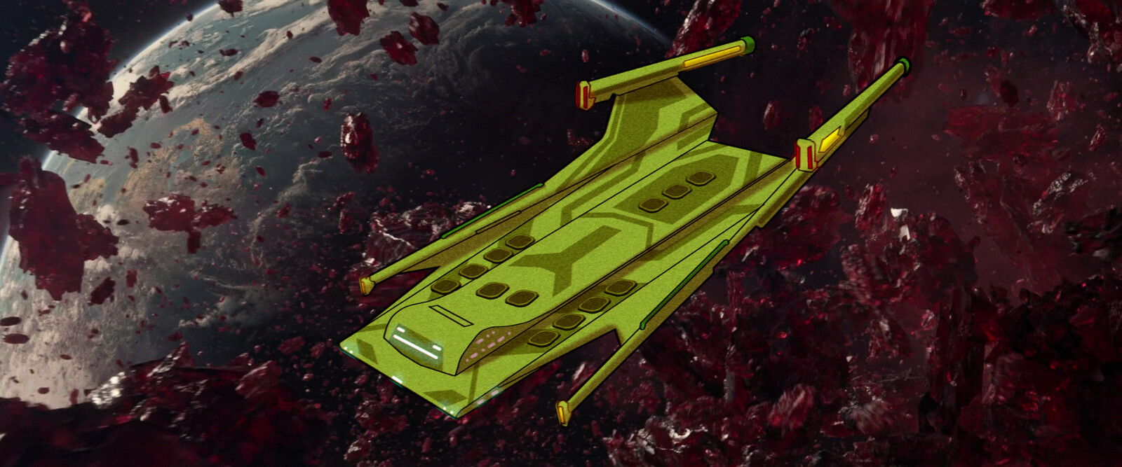 Orion Lightning VII Blockade Runner 24th century conjectural design from 23rd century designs by FASA's Star Trek RPG. (Background is a screenshot from Star Trek.)