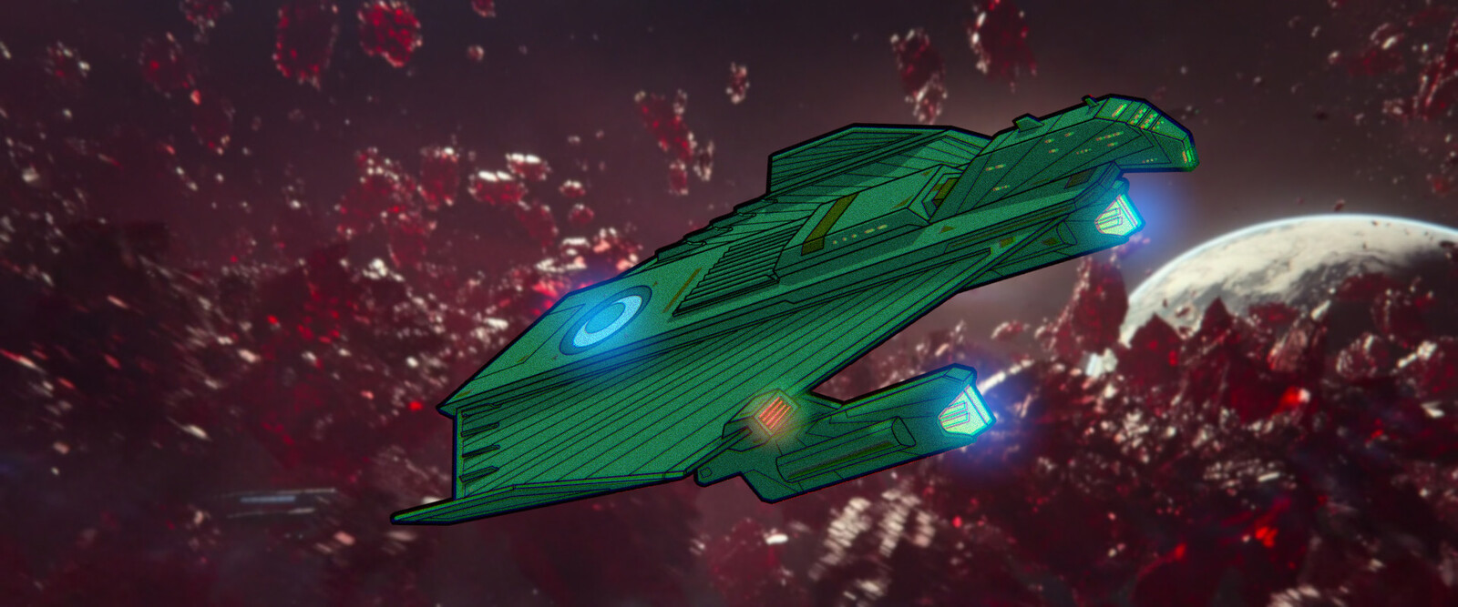 Romulan CS-2 Graceful Flyer Type 21 24th century conjectural design from 23rd century designs by FASA's Star Trek RPG. (Background is a screenshot from Star Trek.)